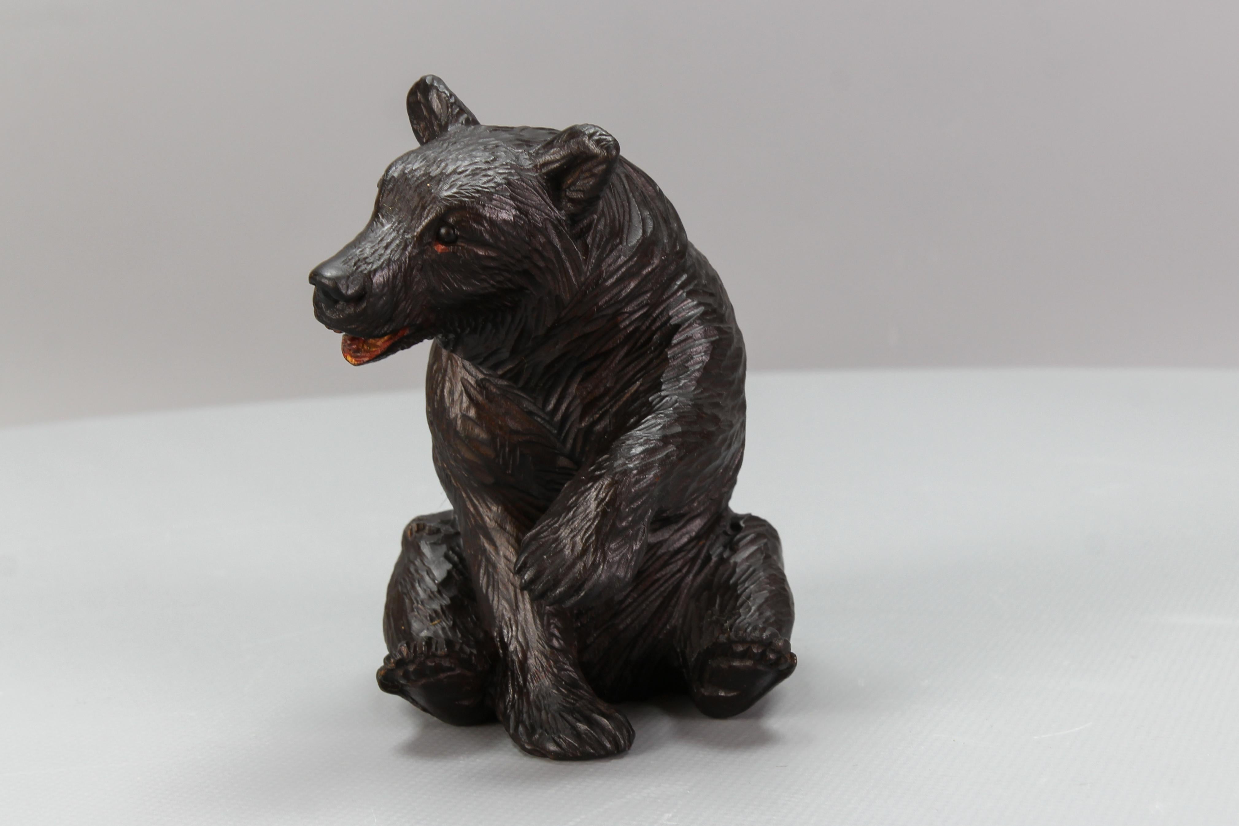 Wood Antique Black Forest Carved Seated Bear Figure For Sale