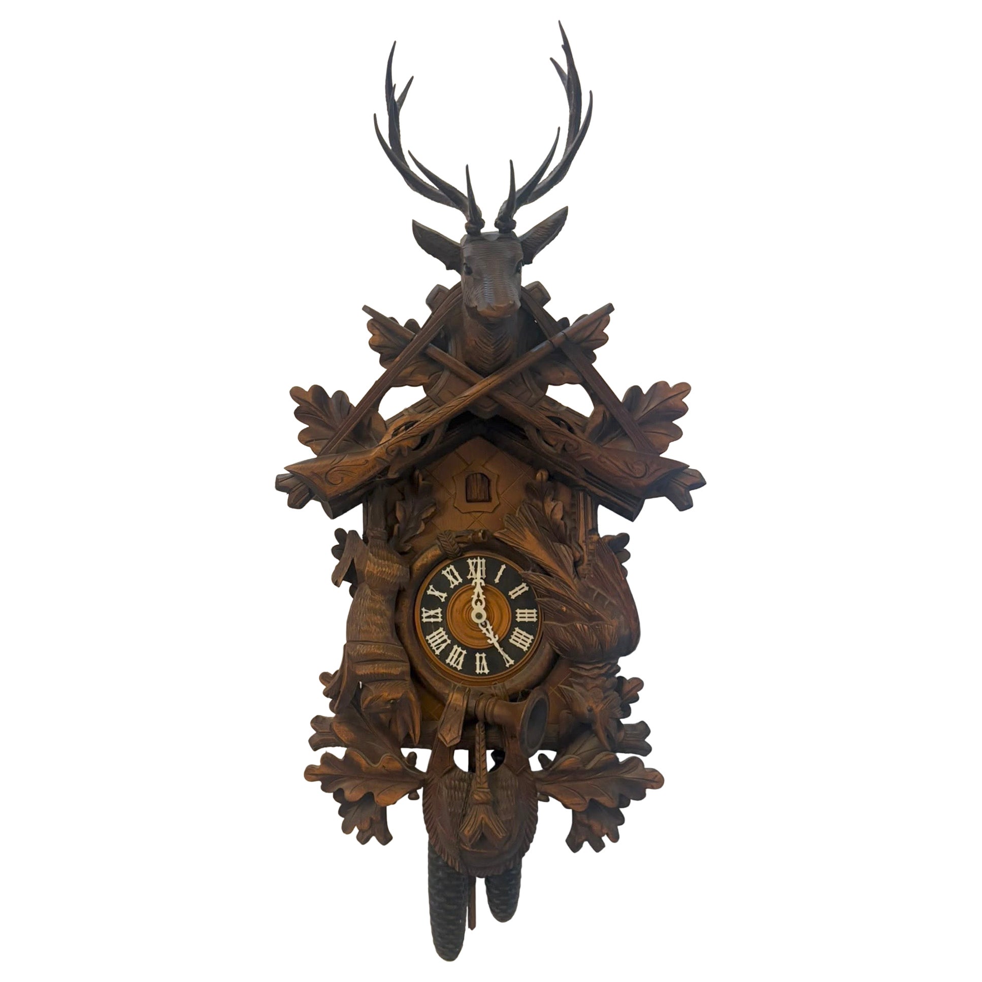 Antique Black Forest Carved Walnut Cuckoo Clock