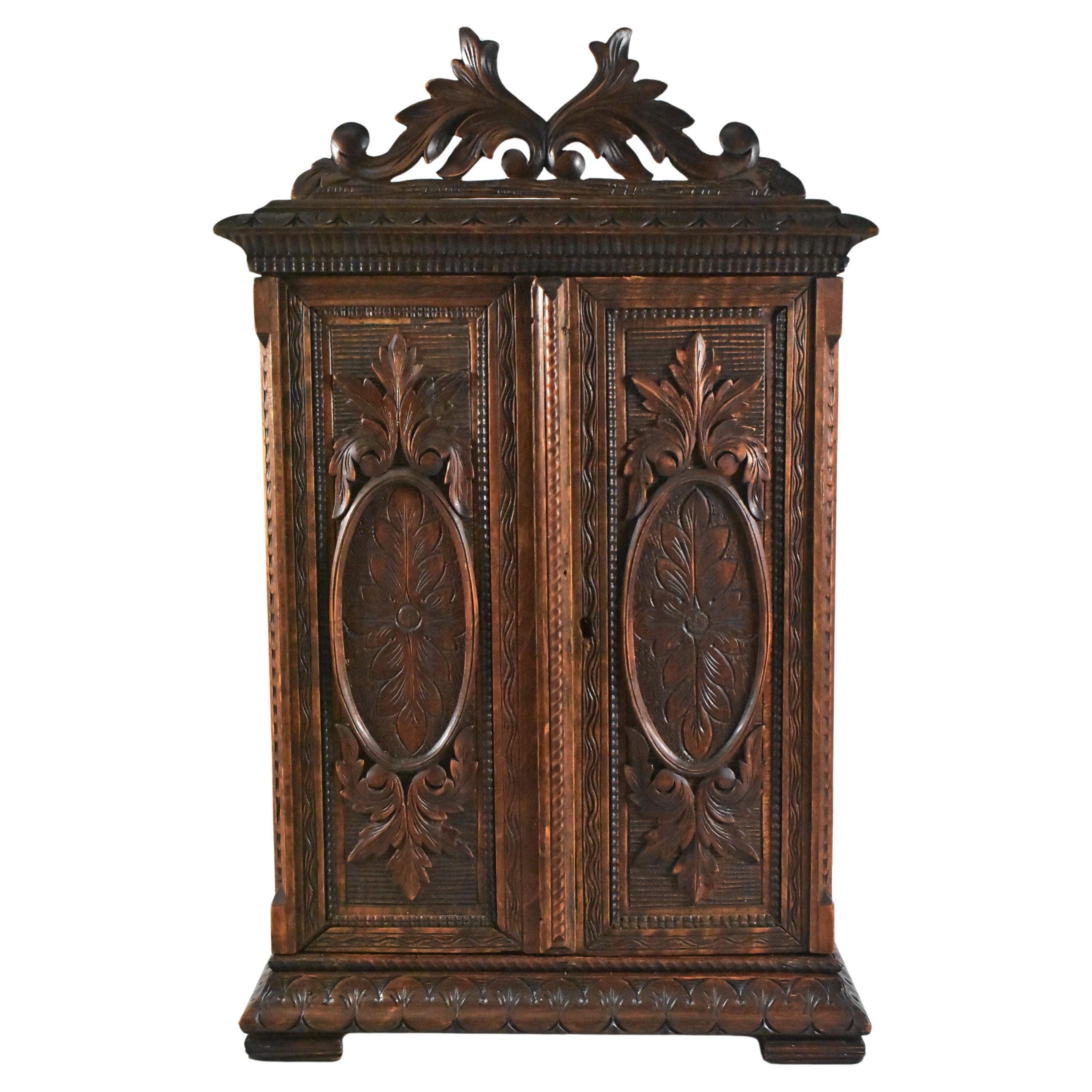 Antique Black Forest Carved Walnut Miniature Apothecary Cabinet