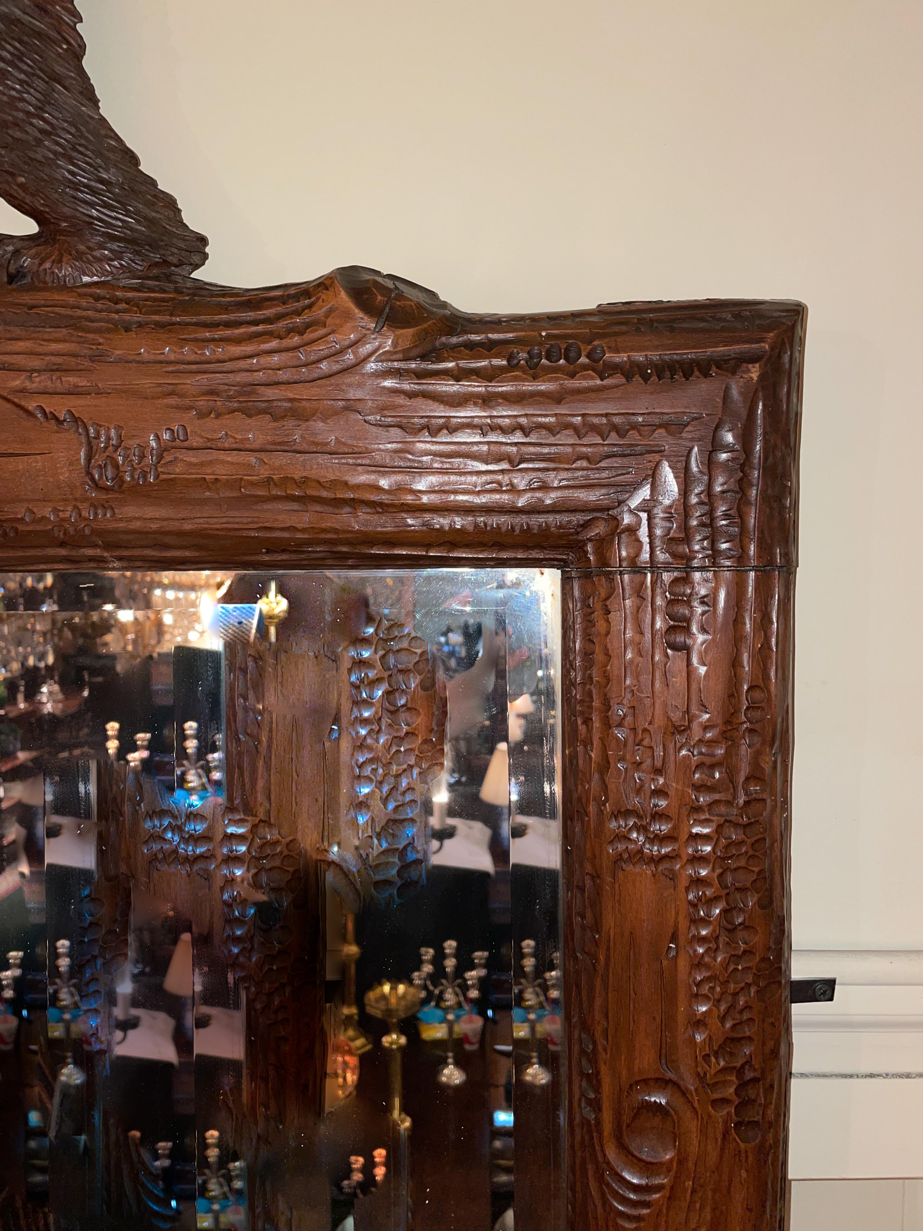 Grand Scale Antique German Black Forest Carved Walnut Beveled Mirror, Circa 1890 In Good Condition For Sale In New Orleans, LA
