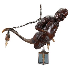Lustre ancien de la Black Forest en bois sculpté « Lustermannchen », Allemagne, vers 1890