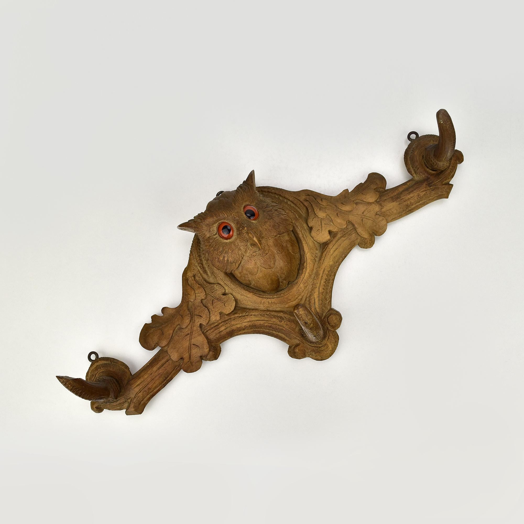 Swiss Antique Black Forest Carved Wood Owl Wardrobe Coat Rack Brienz Hunting Lodge
