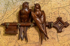 Antique Black Forest Carved Wood Wall Key Holder with Swallow Birds, ca. 1910s