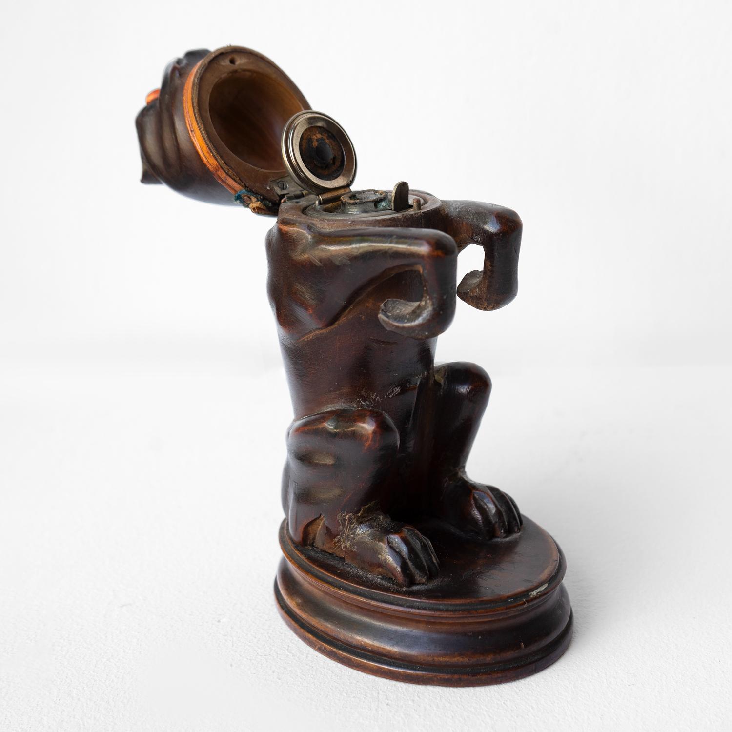 Antique Black Forest Carved Wooden Pug Inkwell, 19th Century Dog Carving For Sale 1