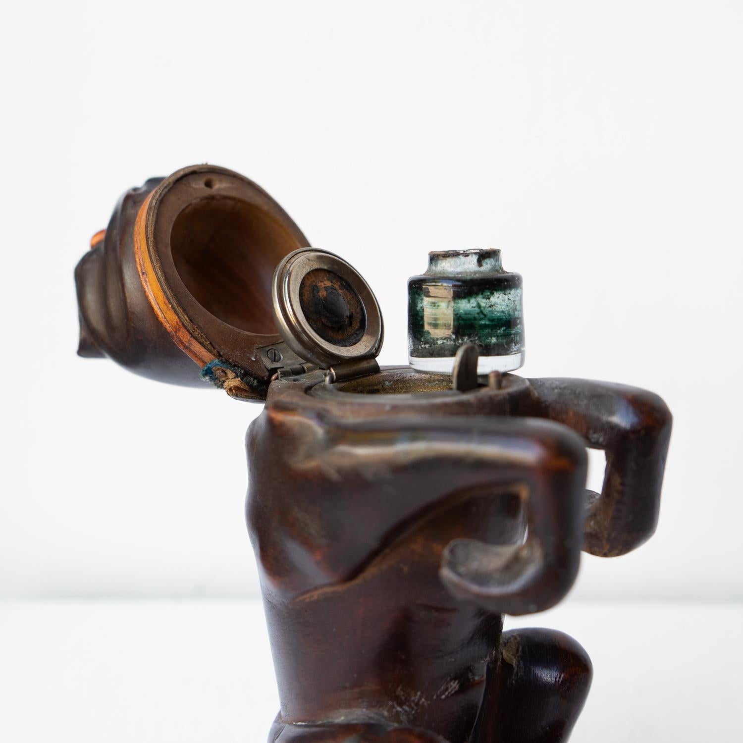 Antique Black Forest Carved Wooden Pug Inkwell, 19th Century Dog Carving For Sale 2