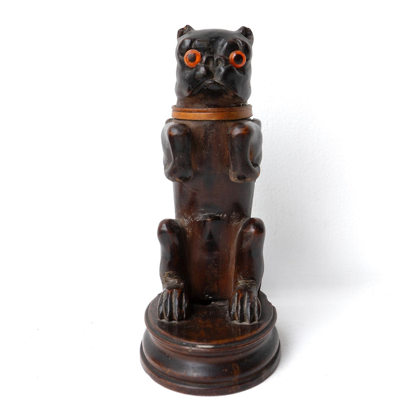 German Antique Black Forest Carved Wooden Pug Inkwell, 19th Century Dog Carving For Sale