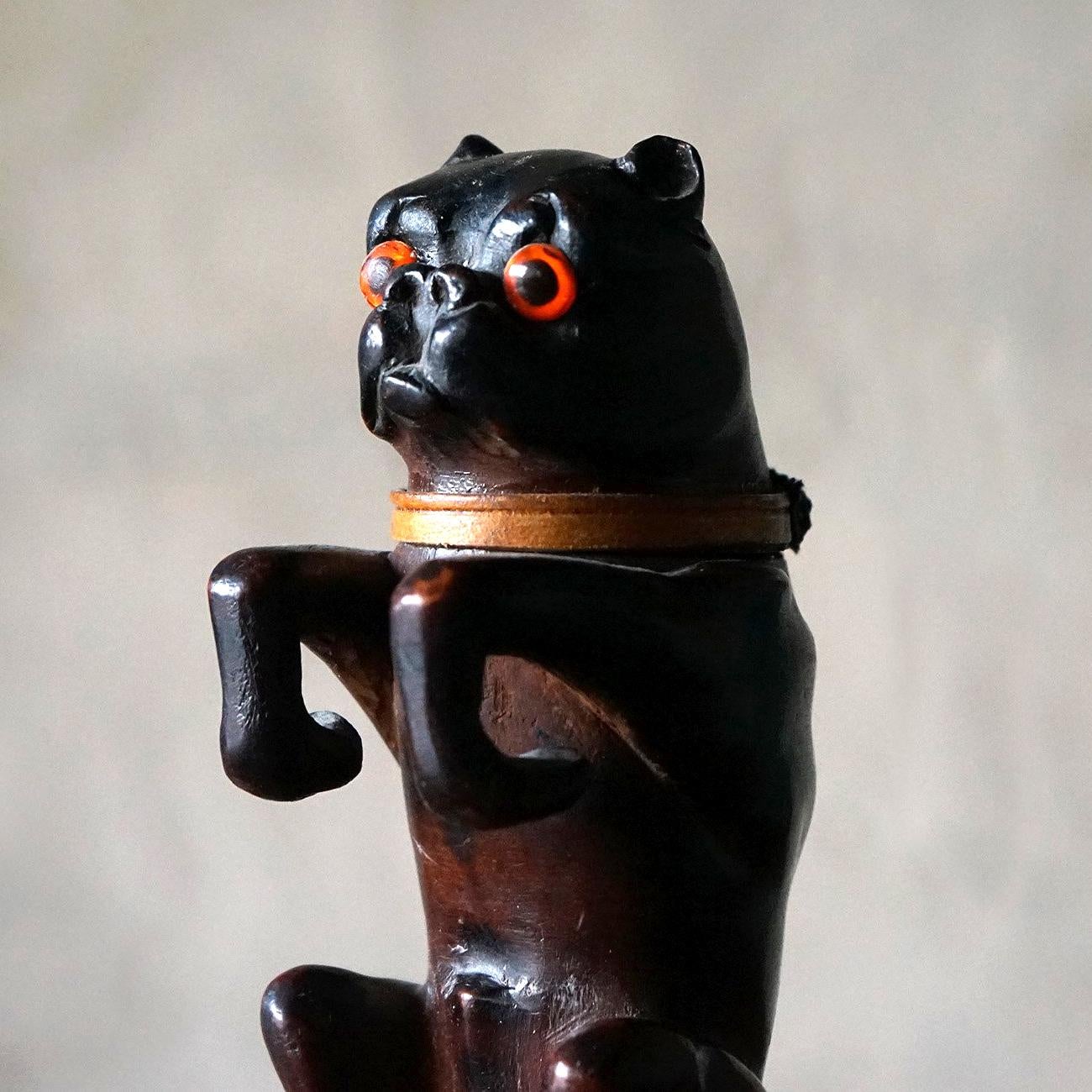 German Antique Black Forest Carved Wooden Pug Inkwell, 19th Century Dog Carving  For Sale