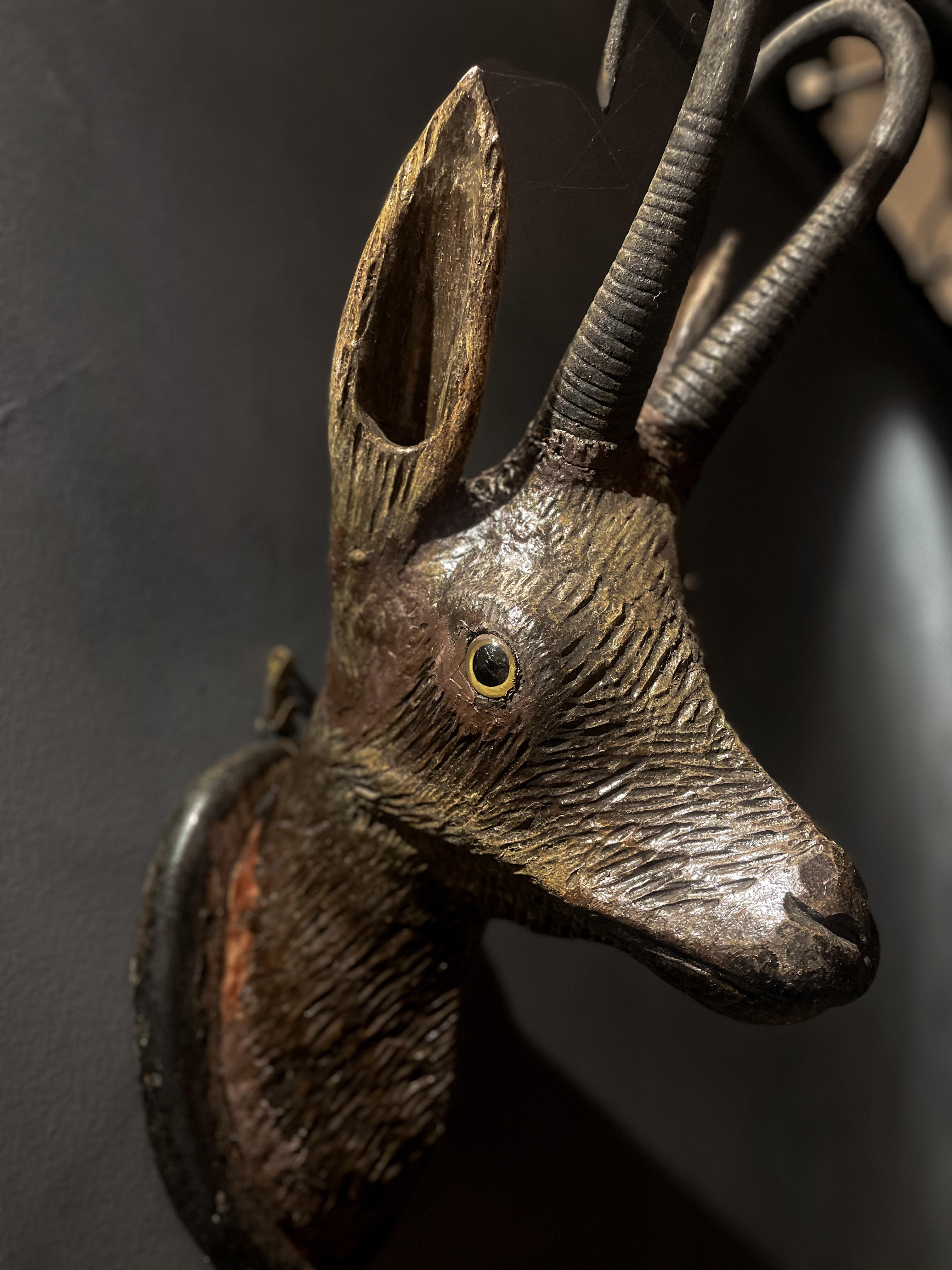 Antique Black Forest Chamois Carved Wood Head - 1800s Germany In Fair Condition For Sale In Asheville, NC