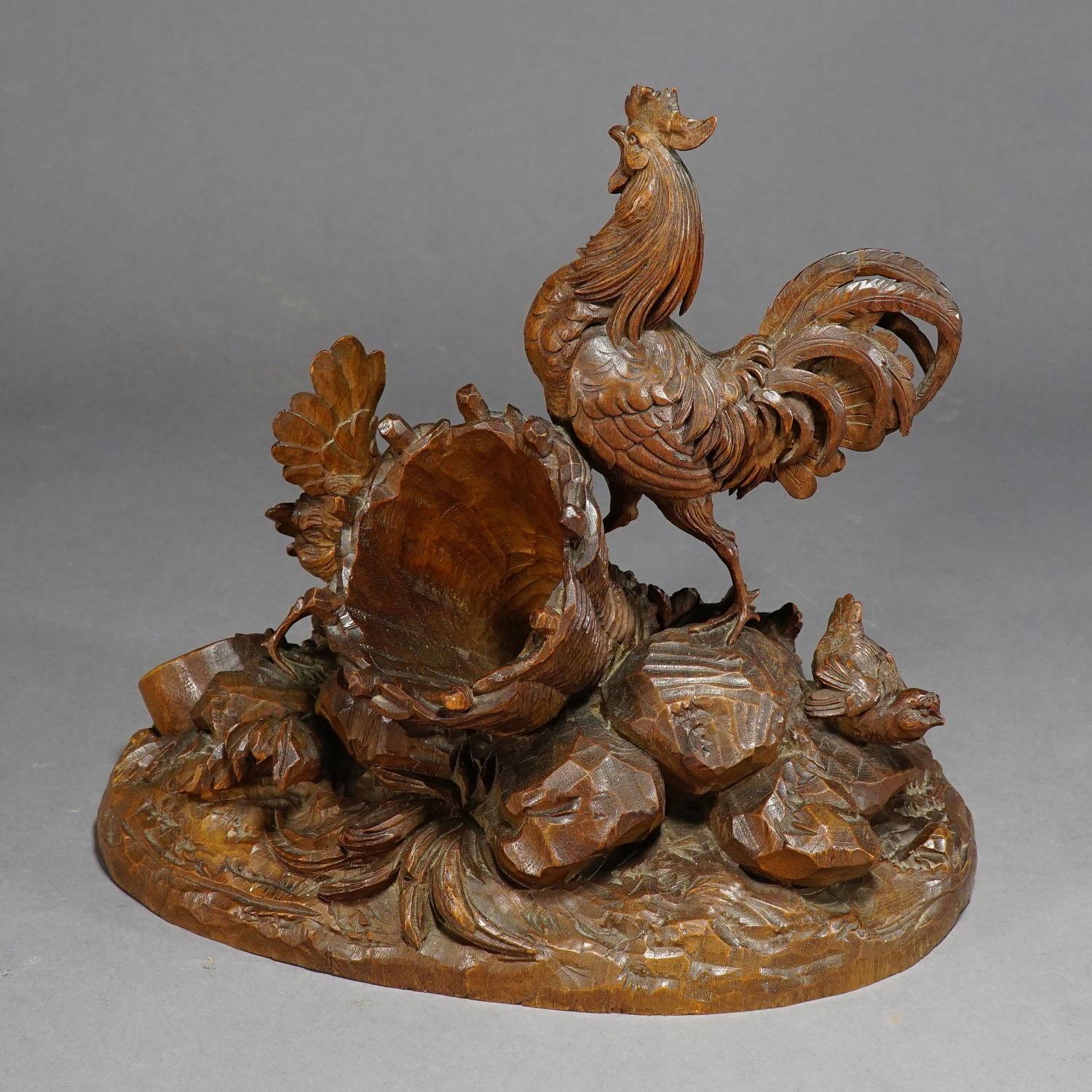 19th Century Antique Black Forest Chicken Family Carving, circa 1900