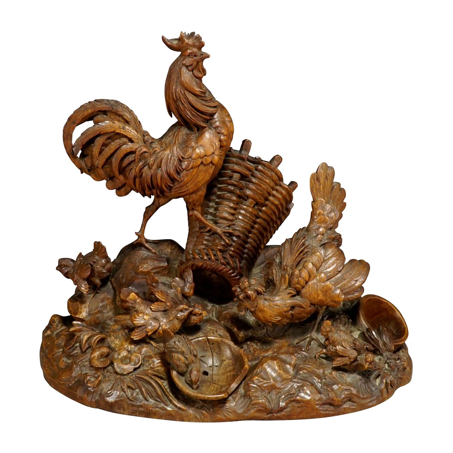 Antique Black Forest Chicken Family Carving, circa 1900