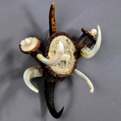 Antique Black Forest Coat Hook with Carved Antler Rose and Wild Boar Tusks