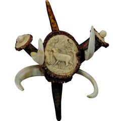 Antique Black Forest Coat Hook with Carved Antler Rose and Wild Boar Tusks