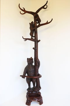 Antique Black Forest Coat Rack / Hall Tree 20th Century Wood Umbrella Stand Hat