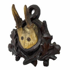 Antique Black Forest Deer Antler Trophy on Wood Carved Plaque, Austria, 1921