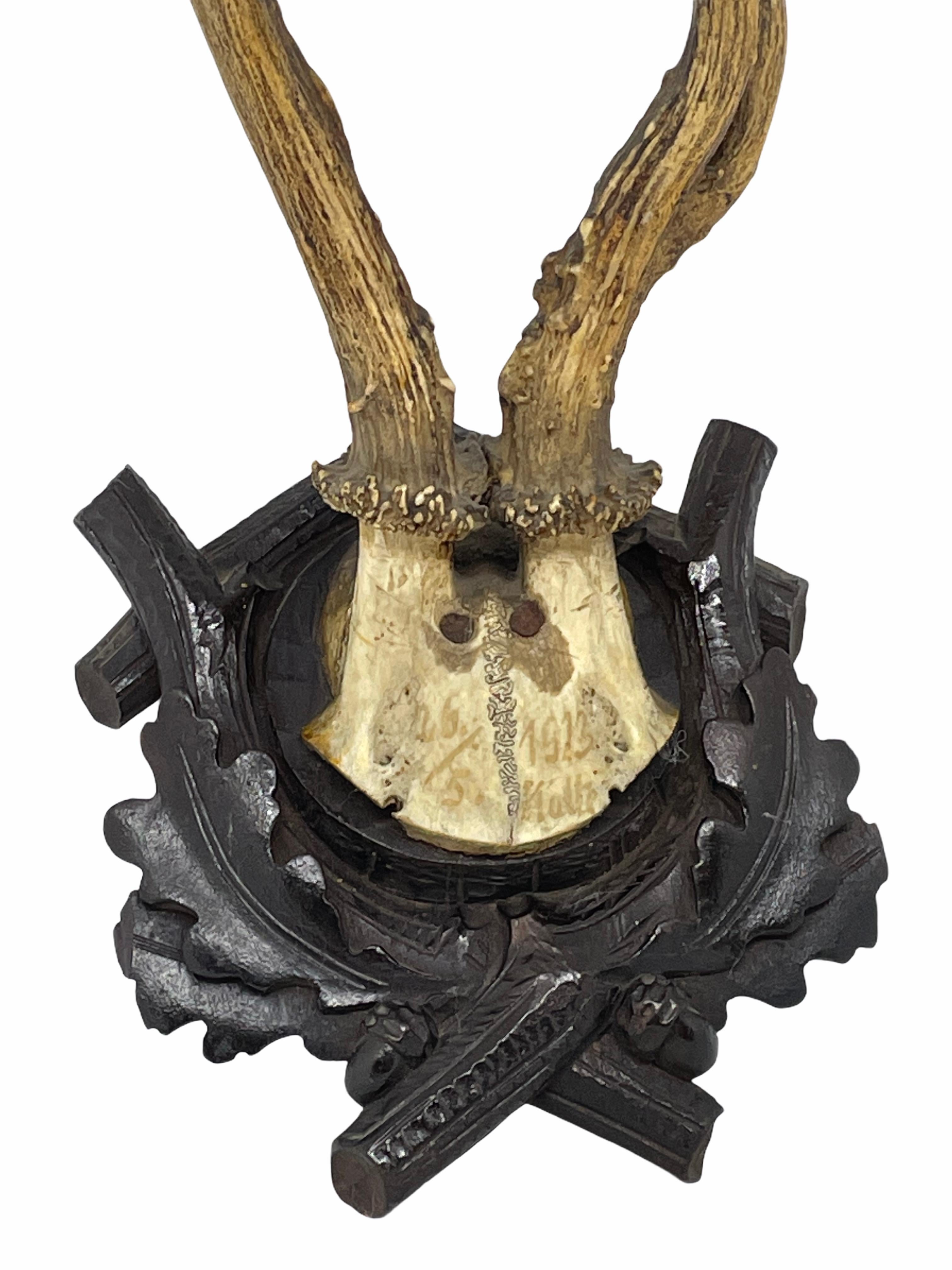 A beautiful antique Black Forest deer antler trophy on hand carved, Black Forest wooden plaque. A nice addition to your hunters loge, Cabin or just to display it in your house. Found at an estate sale in Vienna, Austria.