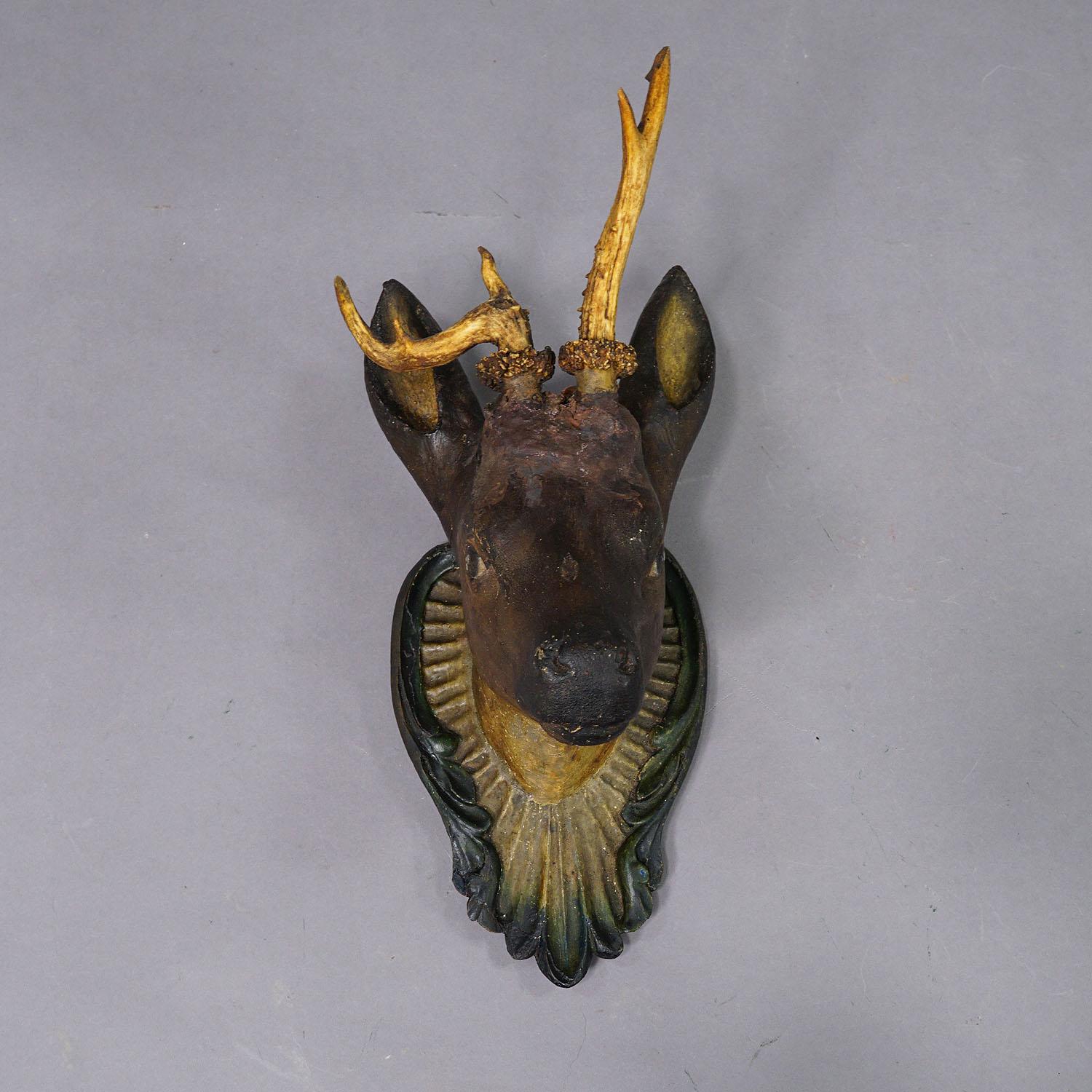 Antique Black Forest Deer Head with Abnorm Trophy

A lovely carved wooden Black Forest deer head. Handmade in folk art style around 1890. It features a real abnorm deer horn trophy with unequal antlers. A great individual piece which enhances every