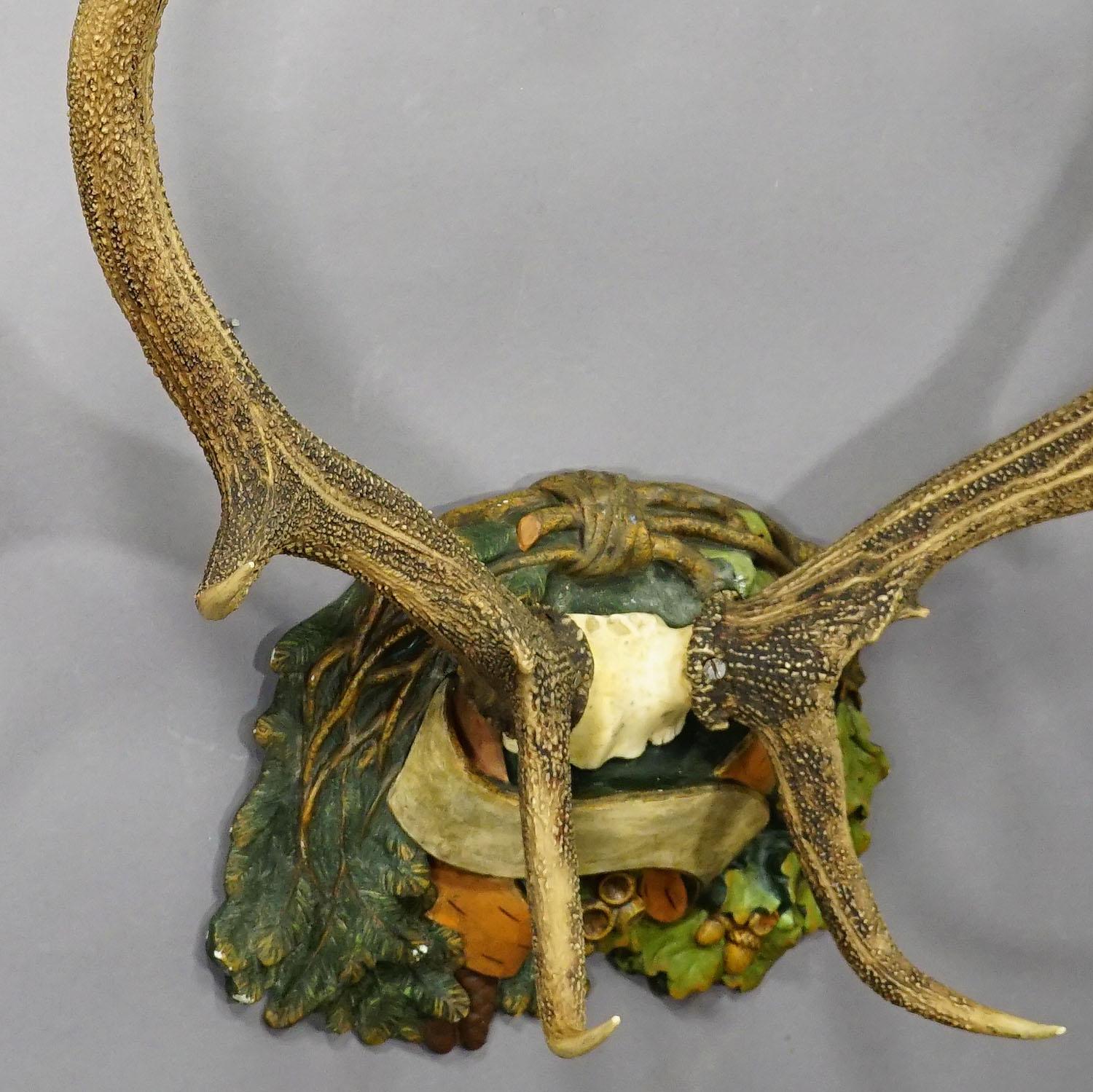 Rustic Antique Black Forest Deer Trophy on Reliefed Plaque, Germany, Ca. 1900 For Sale