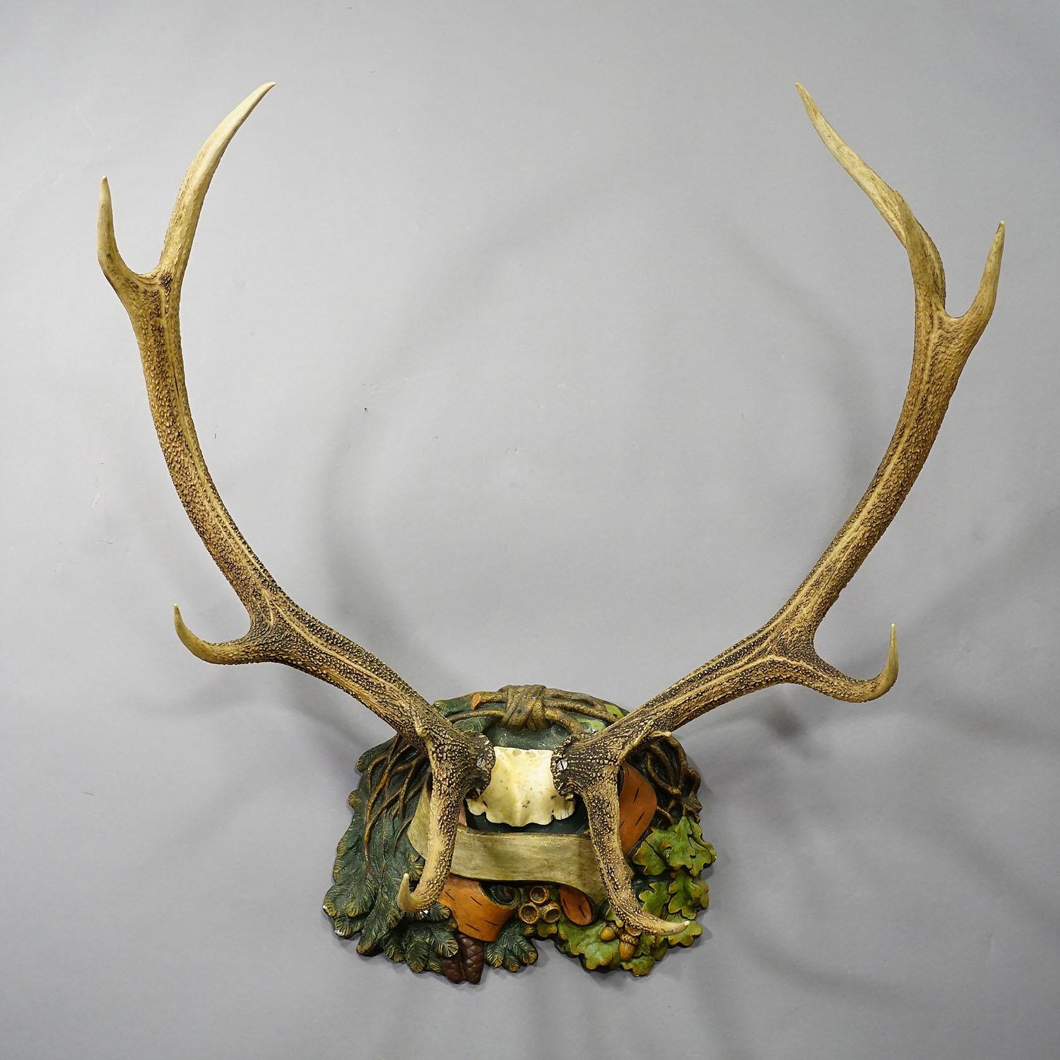 Hand-Crafted Antique Black Forest Deer Trophy on Reliefed Plaque, Germany, Ca. 1900 For Sale