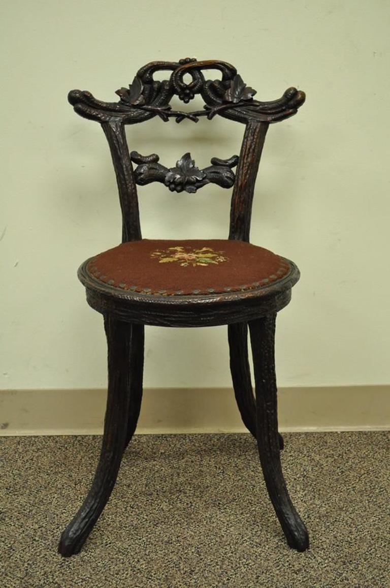 Antique Black Forest Faux Bois Carved Mahogany Twig Branch Side Vanity Chair For Sale 3