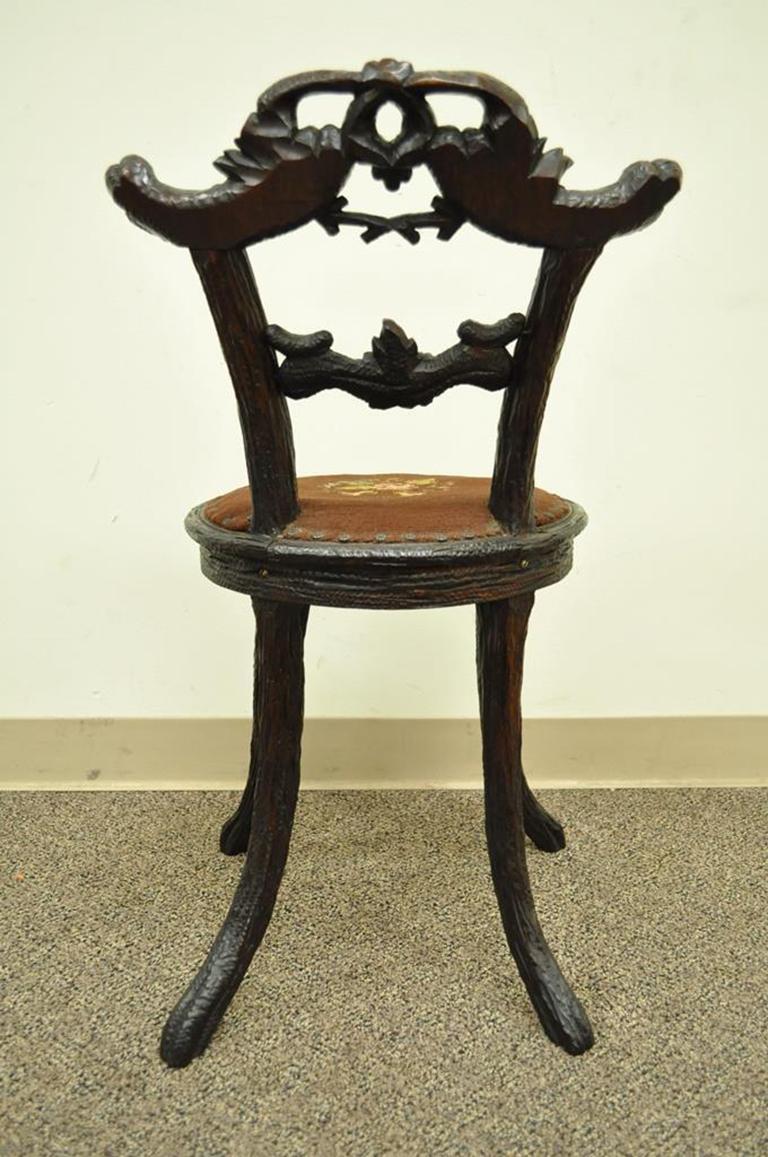 Antique Black Forest Faux Bois Carved Mahogany Twig Branch Side Vanity Chair In Good Condition For Sale In Philadelphia, PA