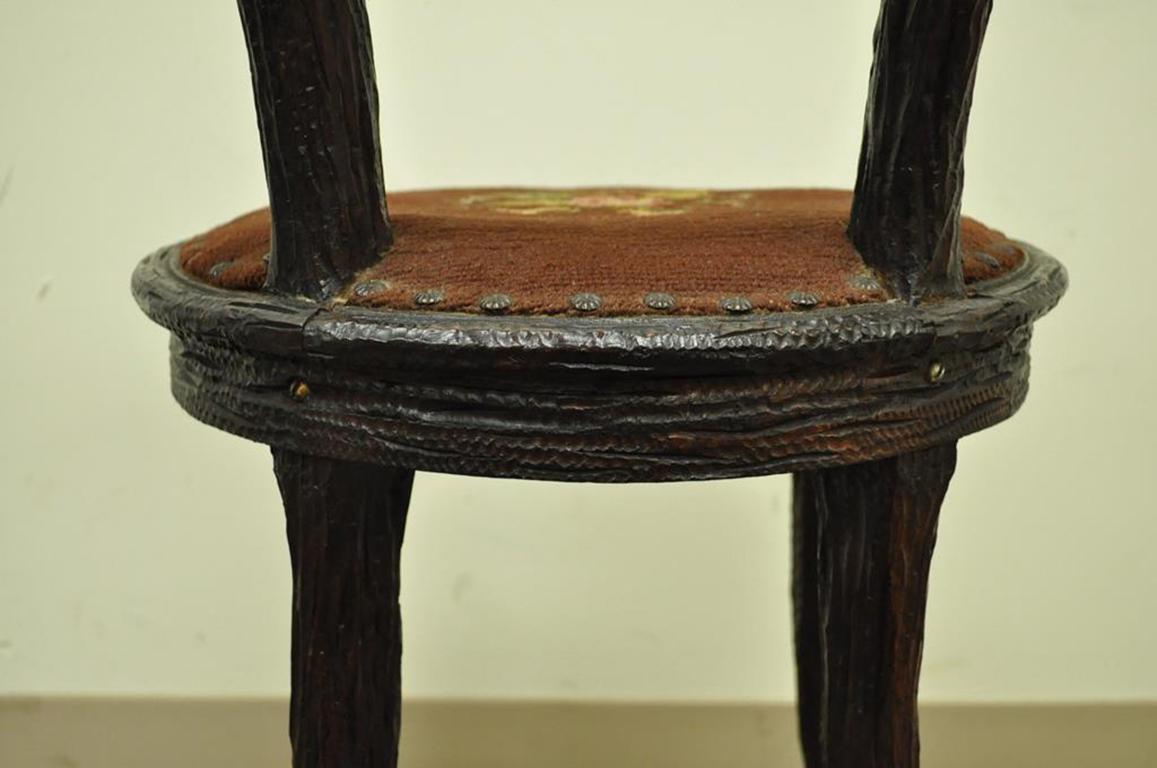 19th Century Antique Black Forest Faux Bois Carved Mahogany Twig Branch Side Vanity Chair For Sale