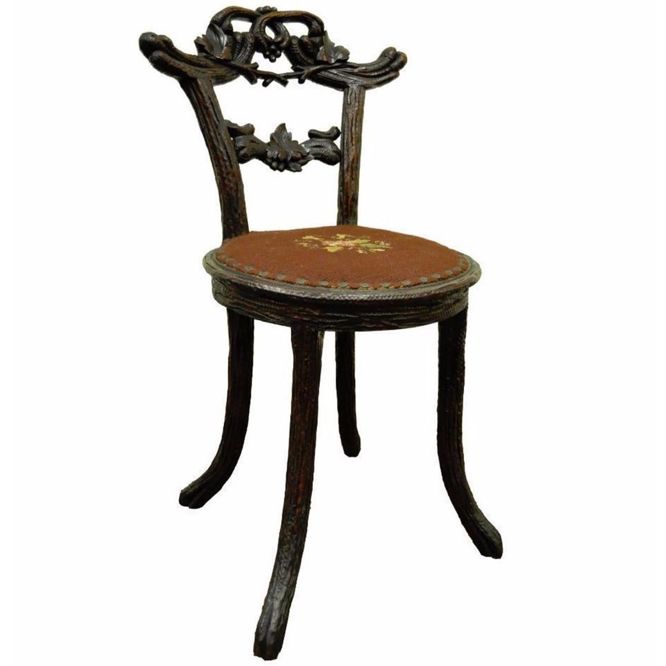 Antique Black Forest Faux Bois Carved Mahogany Twig Branch Side Vanity Chair For Sale