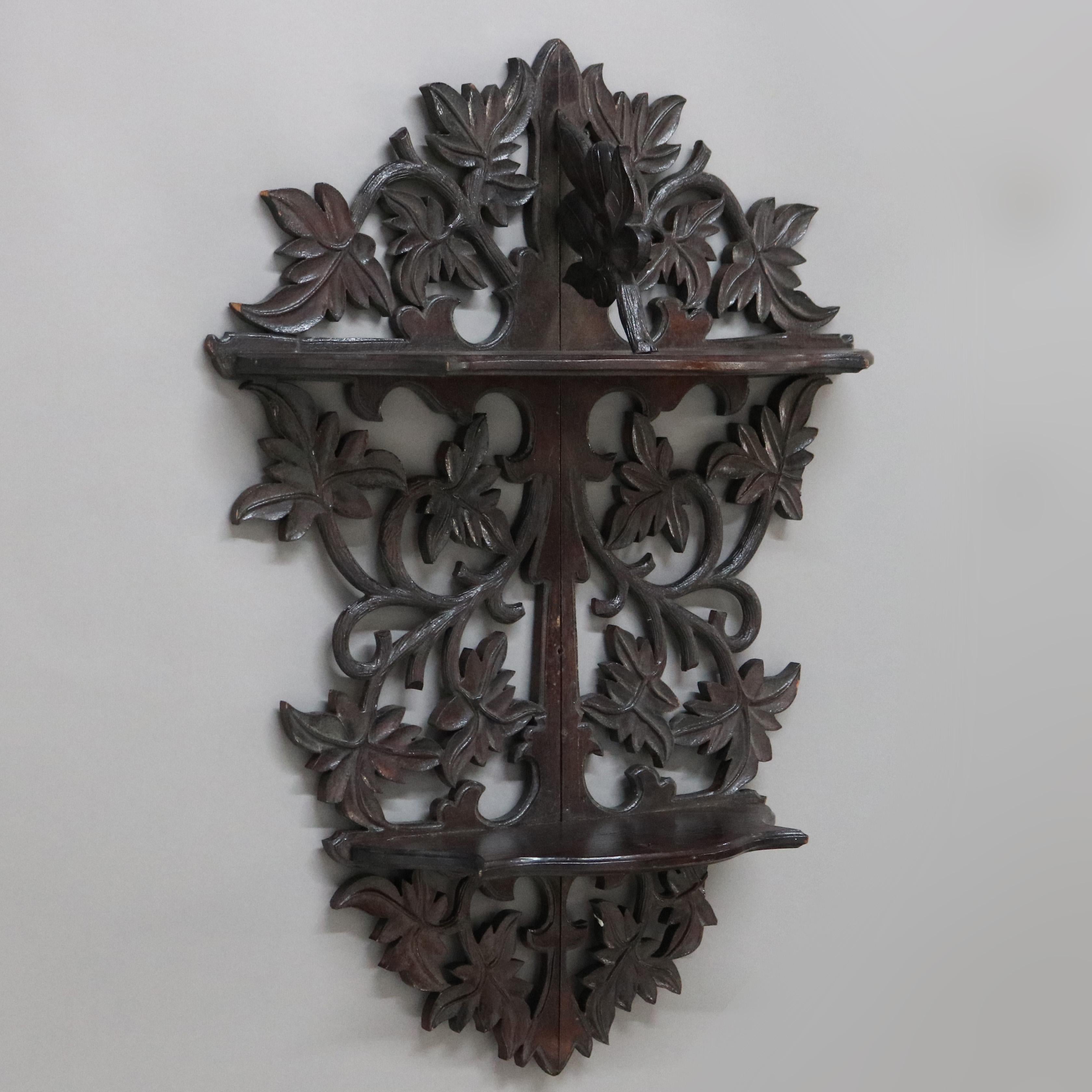 19th Century Antique Black Forest Foliate Carved Wall Shelf C1890 For Sale
