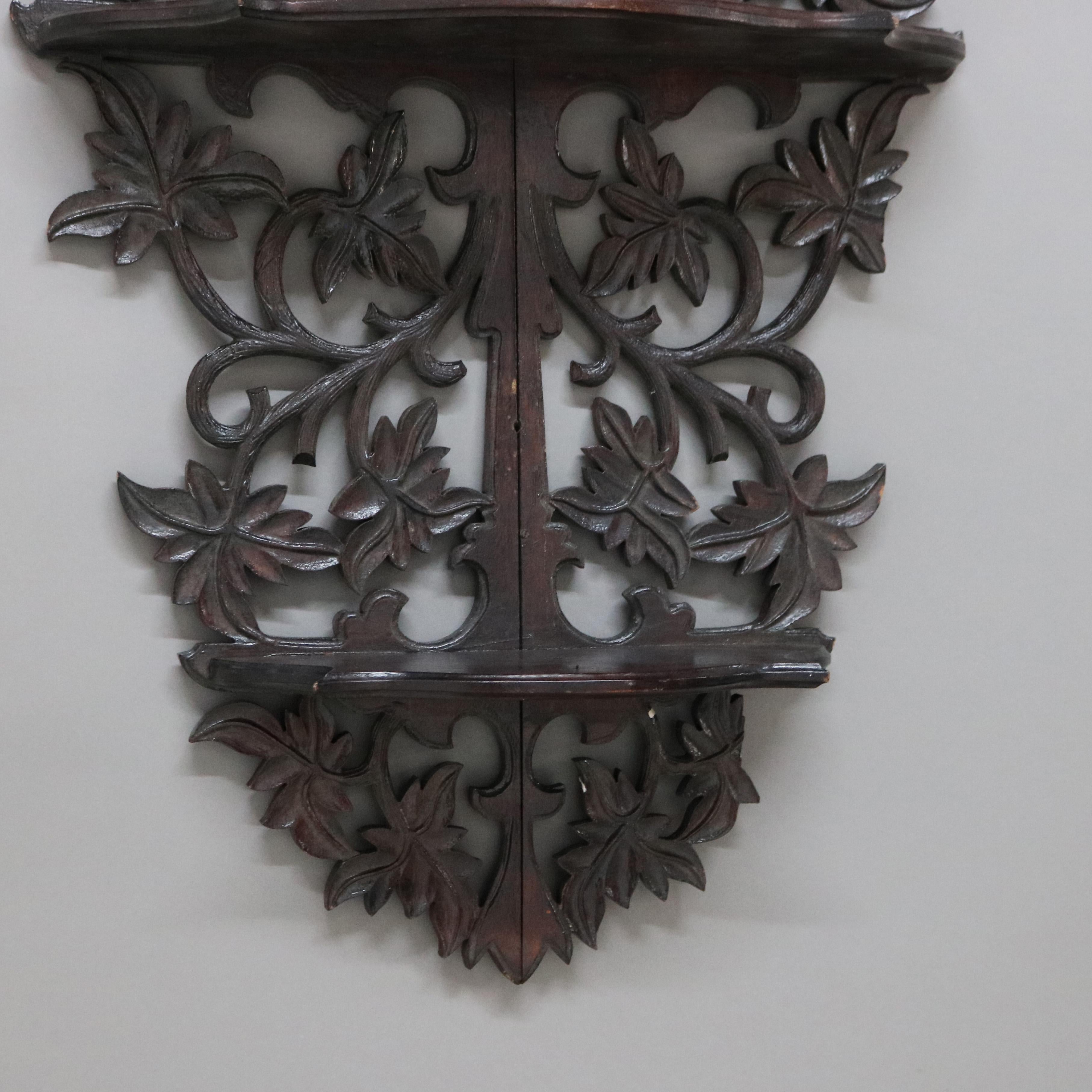 Wood Antique Black Forest Foliate Carved Wall Shelf C1890 For Sale