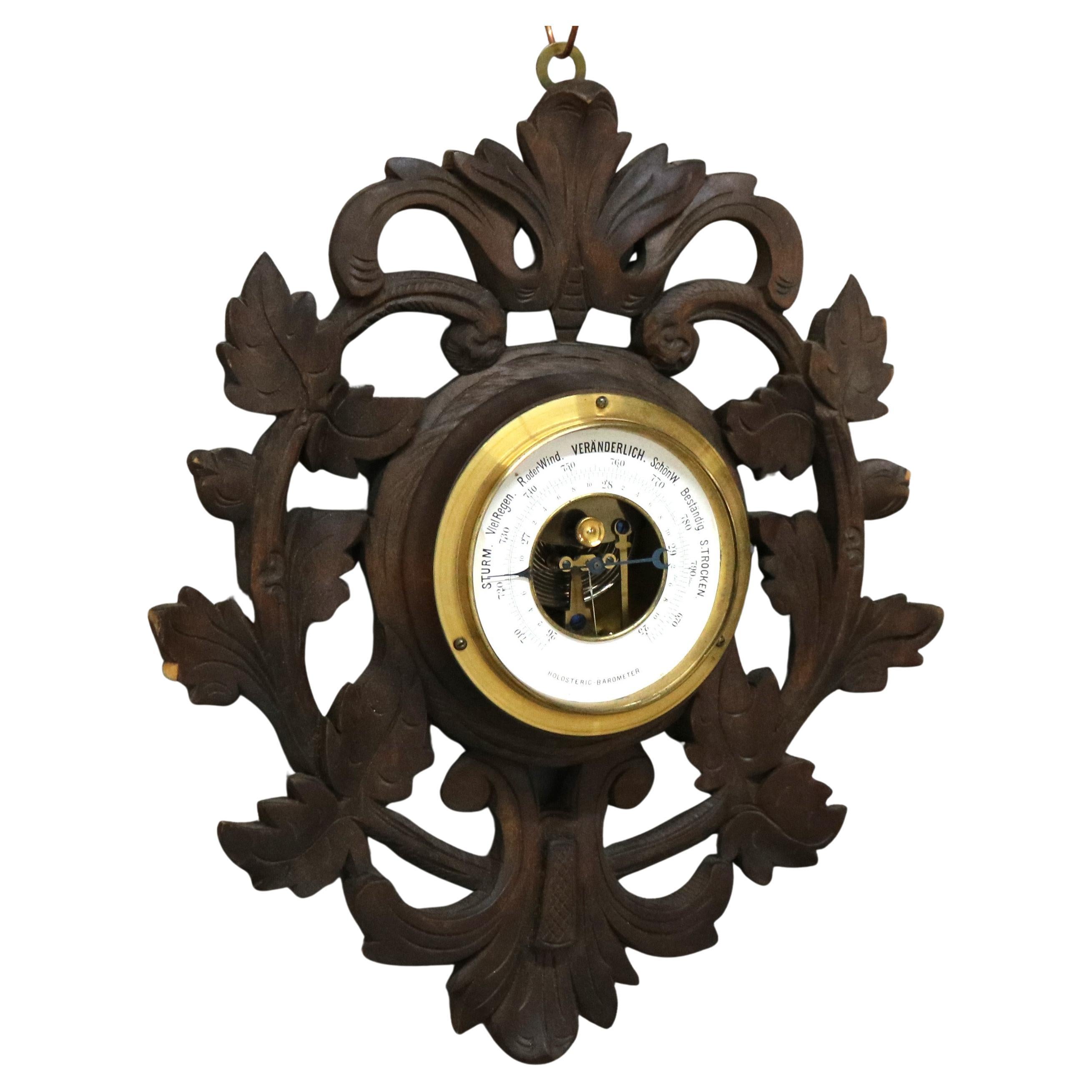 Antique Black Forest Foliate Carved Walnut Barometer C1890