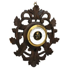 Antique Black Forest Foliate Carved Walnut Barometer C1890