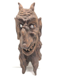 Antique Black Forest Folk Art Devil Krampus Halloween Mask Wood Carved, 1930s