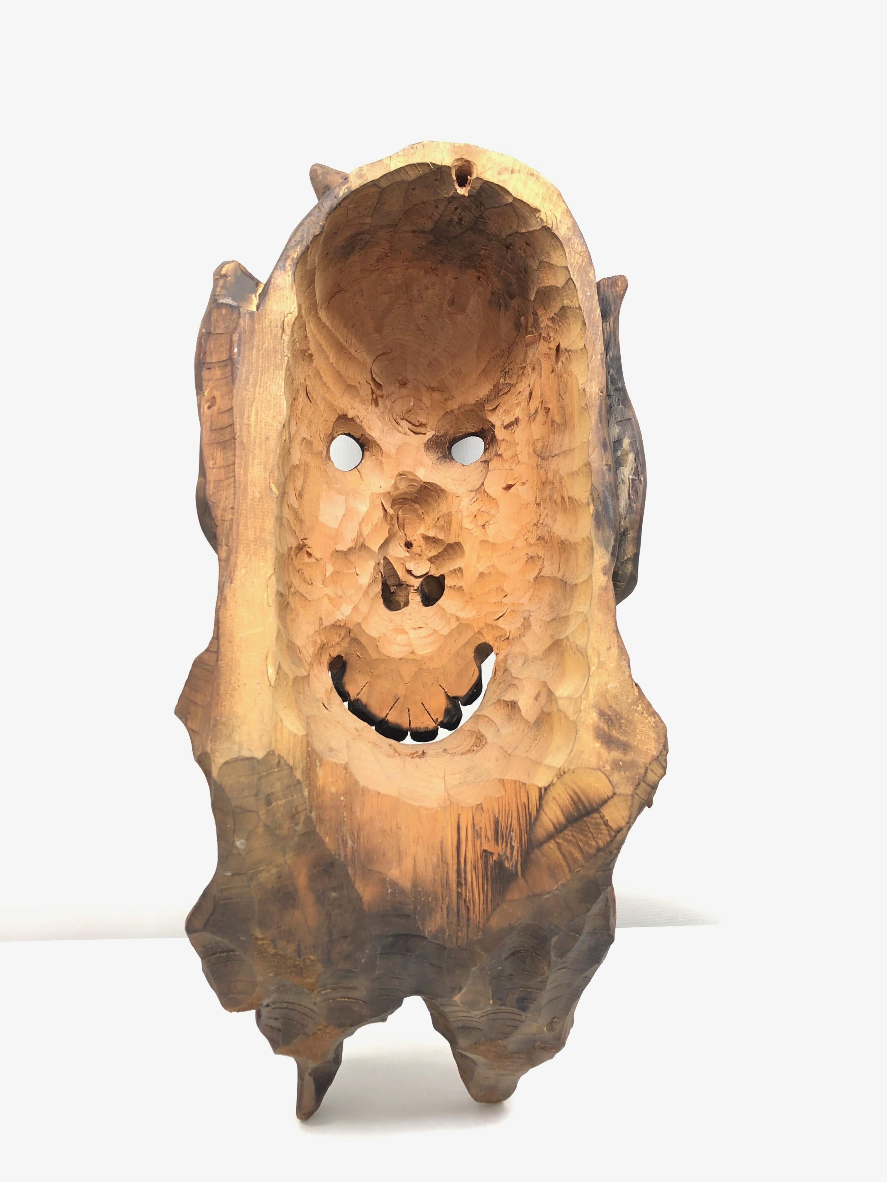 Mid-20th Century Antique Black Forest Folk Art Devil Krampus Halloween Mask Wood Carved, 1930s
