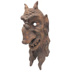 Antique Black Forest Folk Art Devil Krampus Halloween Mask Wood Carved, 1930s