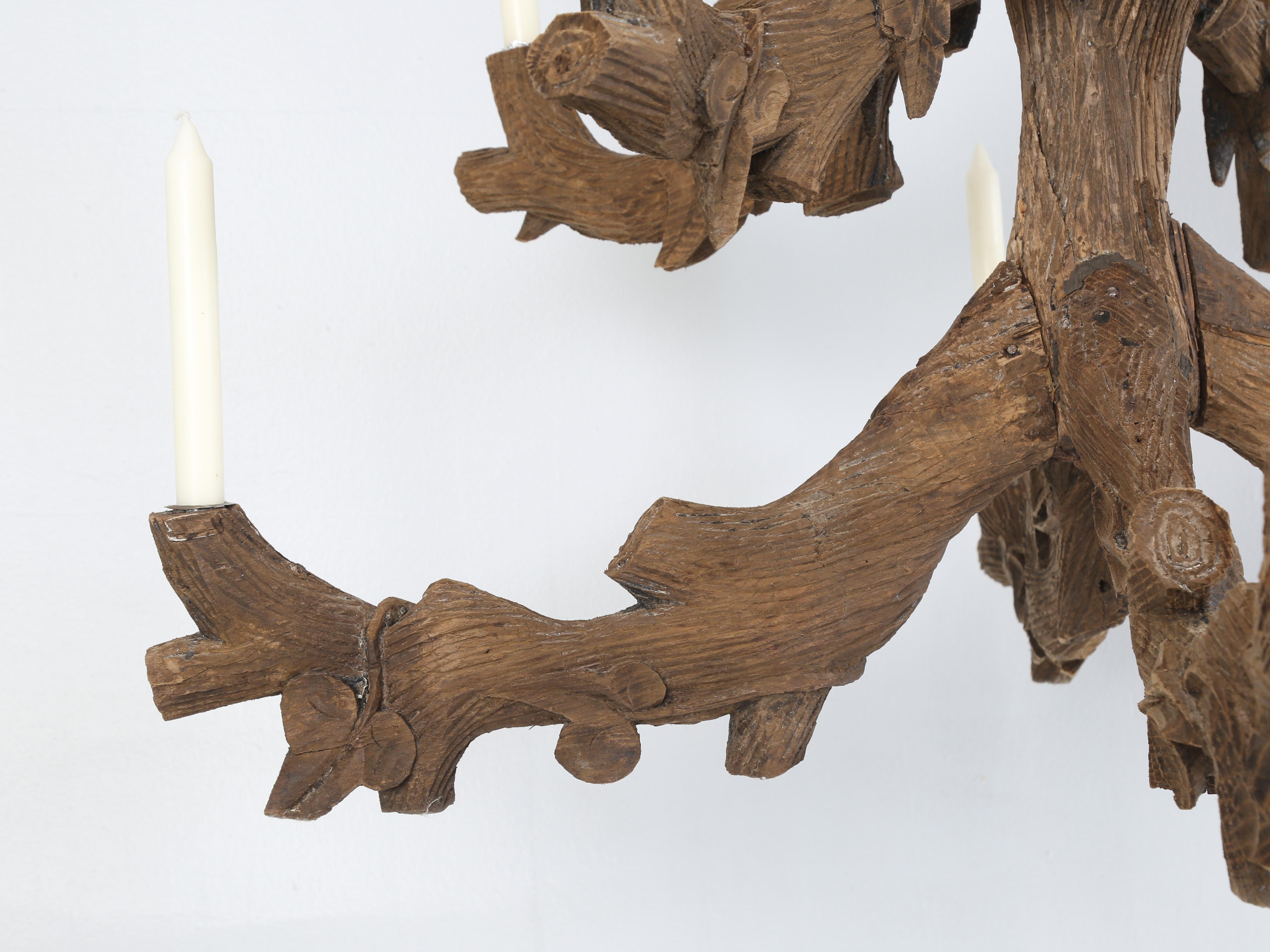 Antique Black Forest Hand-Carved Candle Lite Wooden Chandelier c1800's Original For Sale 4