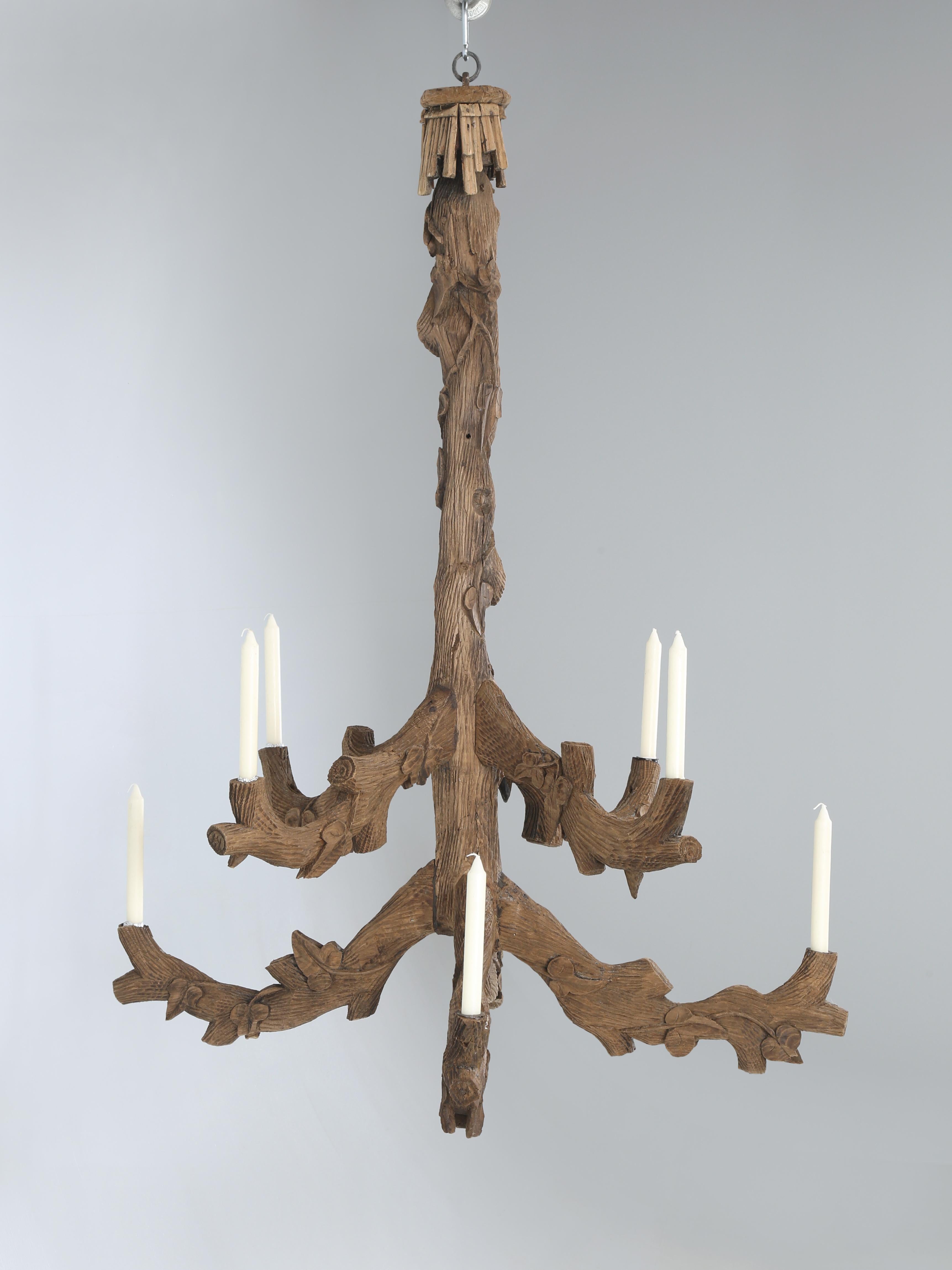 Swiss Antique Black Forest Hand-Carved Candle Lite Wooden Chandelier c1800's Original For Sale