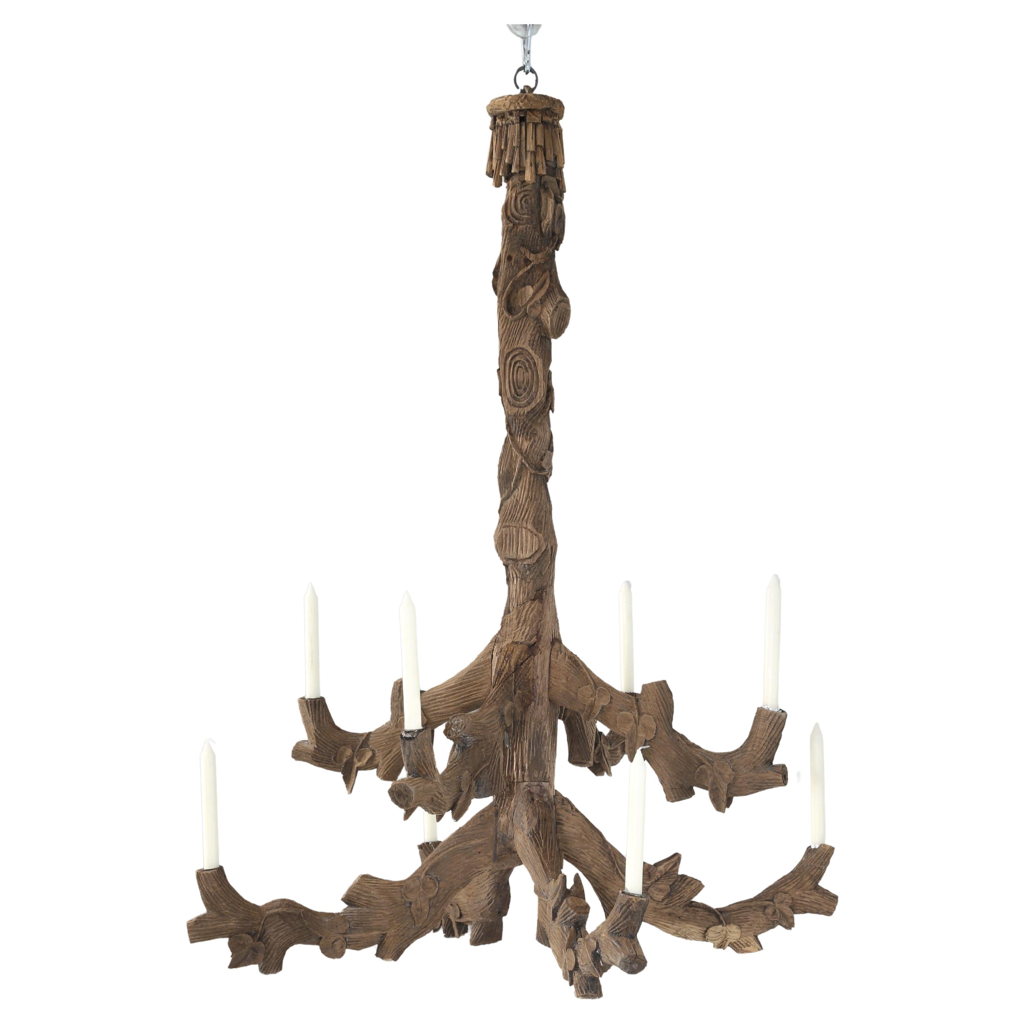 Antique Black Forest Hand-Carved Candle Lite Wooden Chandelier c1800's Original For Sale