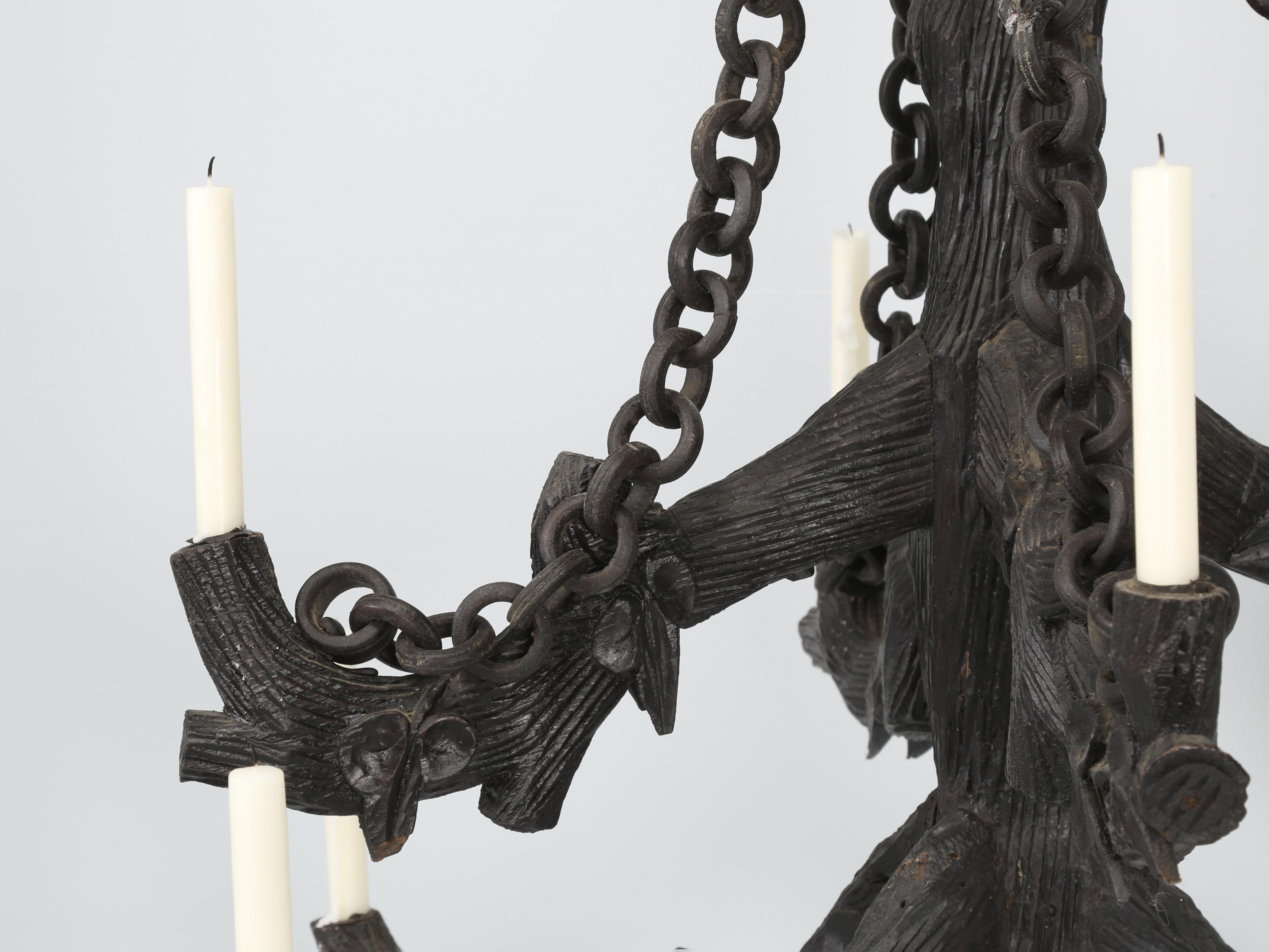 Late 19th Century Antique Black Forest Hand-Carved Candle Lite Wooden Chandelier from 1800's 