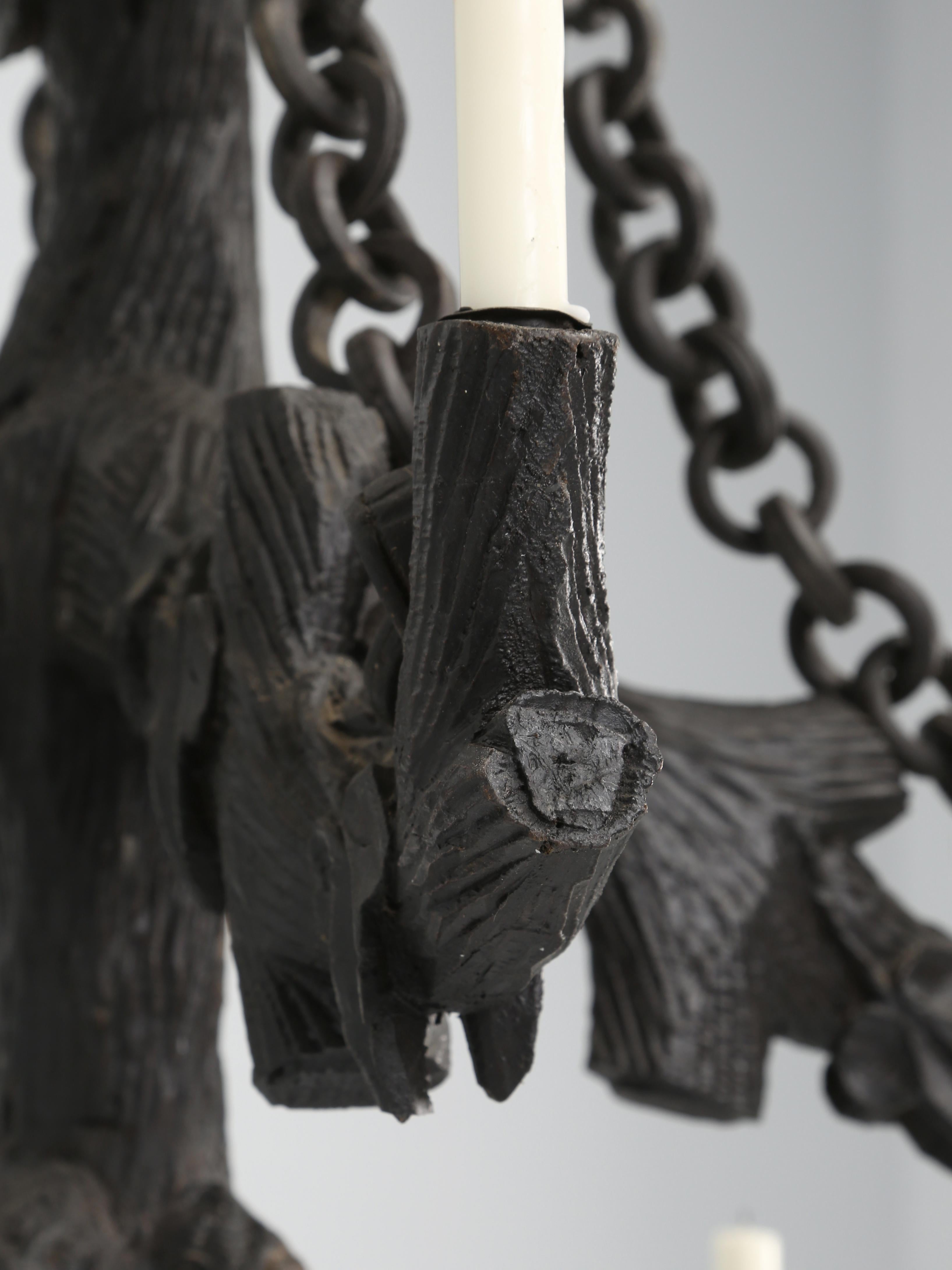 Antique Black Forest Hand-Carved Candle Lite Wooden Chandelier from 1800's  3