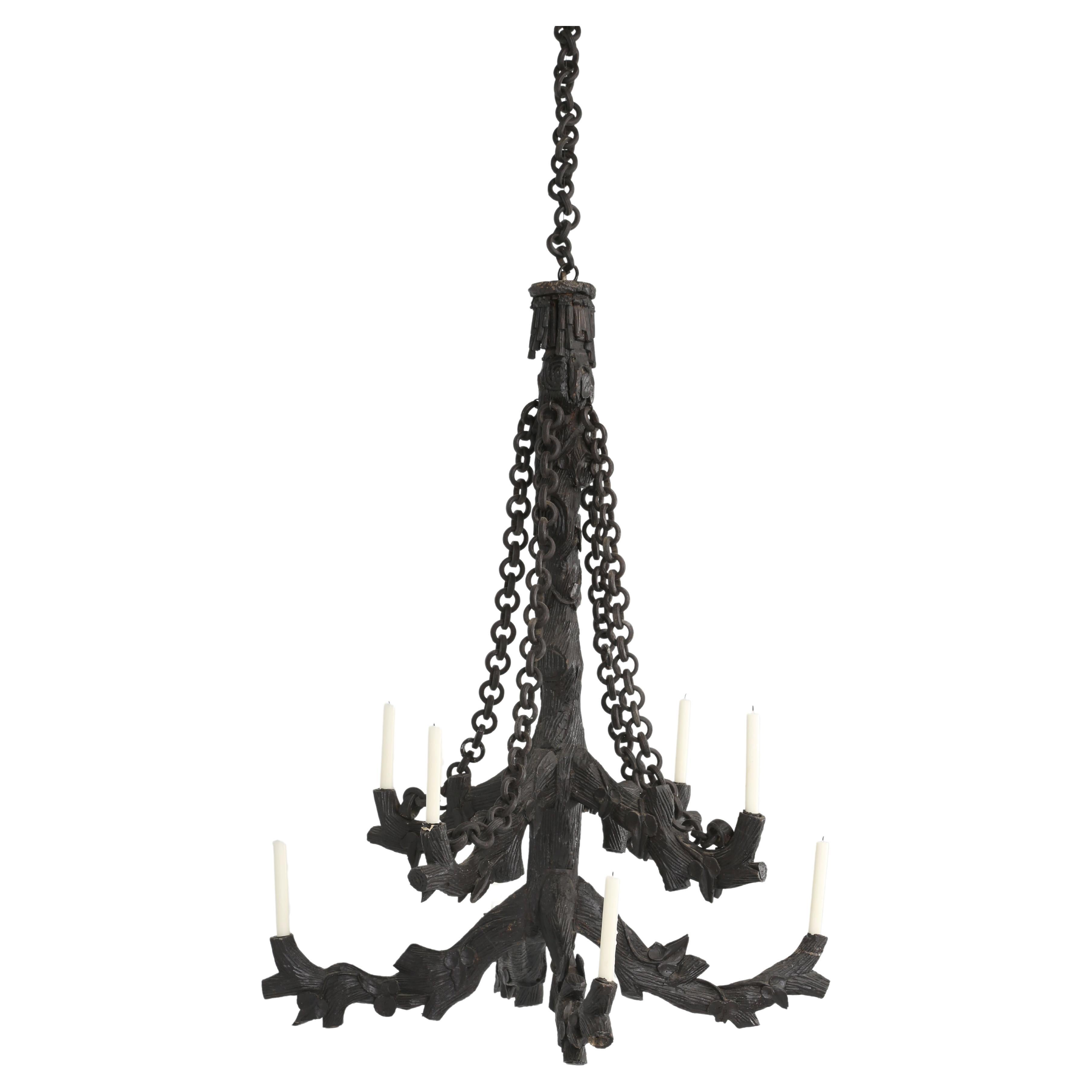Antique Black Forest Hand-Carved Candle Lite Wooden Chandelier from 1800's 