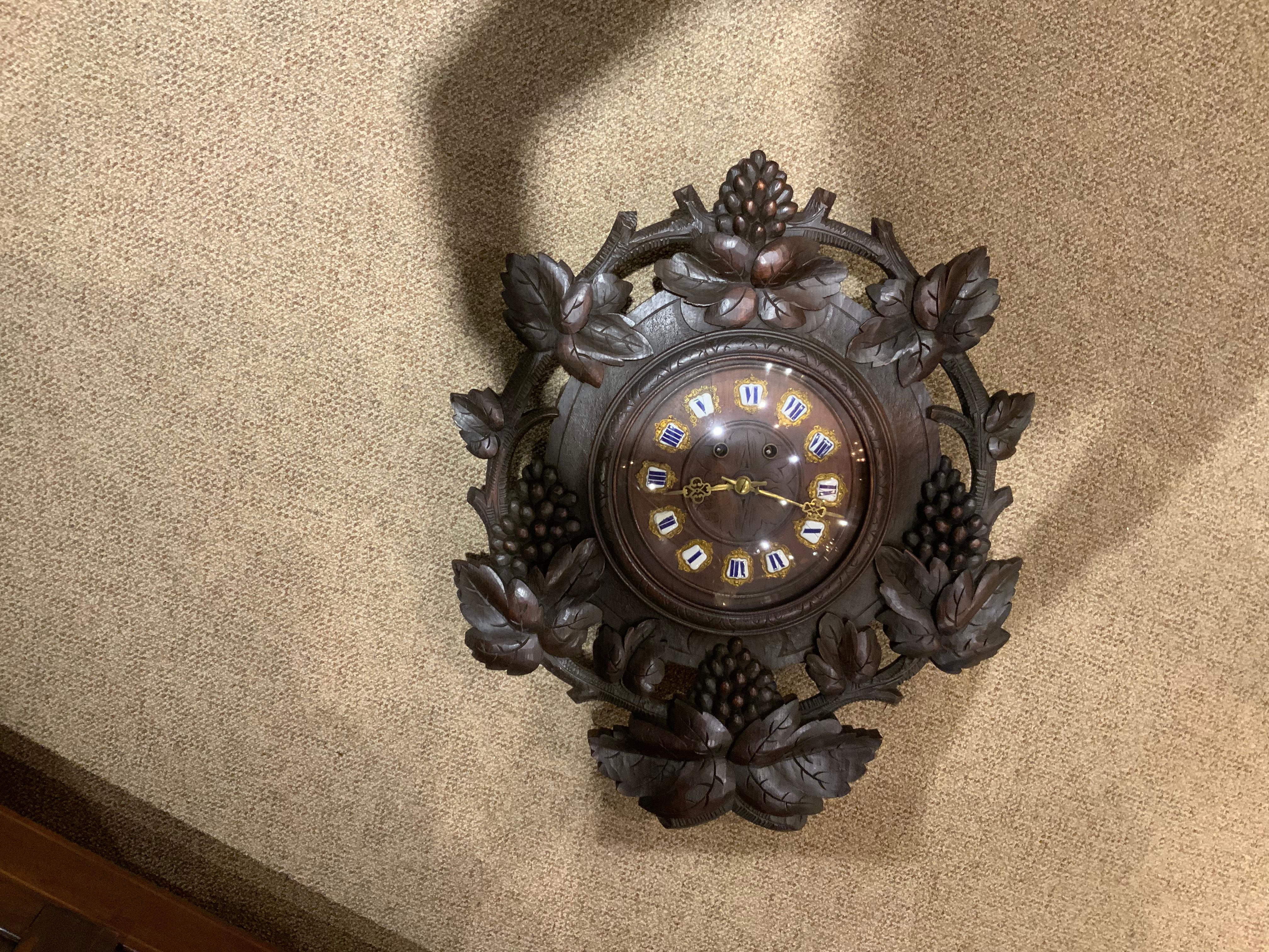 Oak Antique Black Forest hand carved case wall clock For Sale