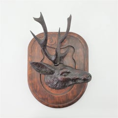 Antique Black Forest Hand-Carved Deer or Elk Head Wall Plaque or Sculpture