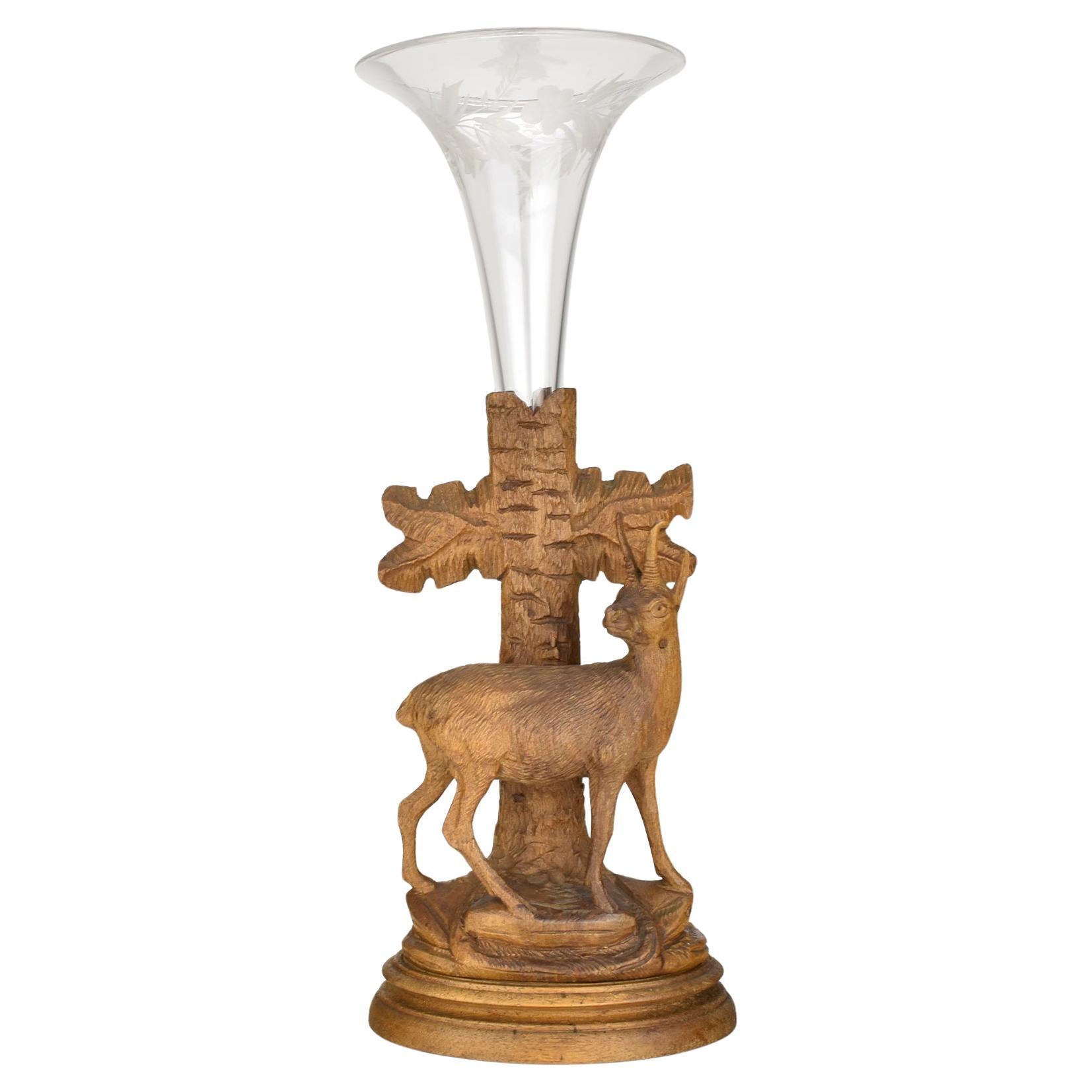 Antique Black Forest Hand-Carved Wood Vase with Buck and Engraved Glass Brienz