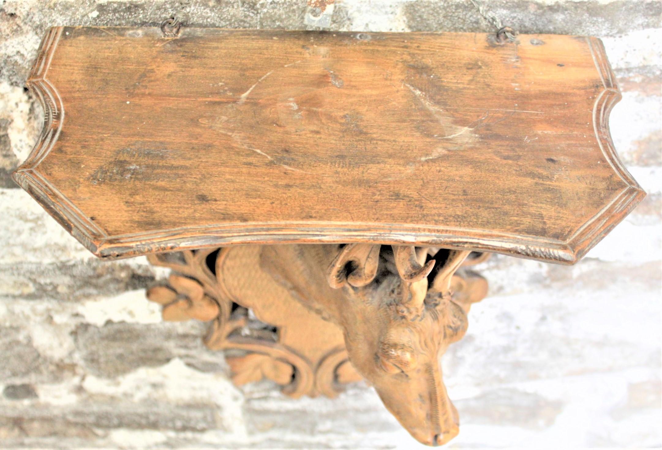 Antique Black Forest Hanging Wall Shelf with Carved Red Deer & Floral Decoration 4