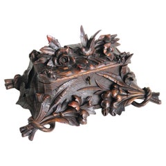 Antique Black forest jewelry carved walnut swiss 19th century Flowers and bird
