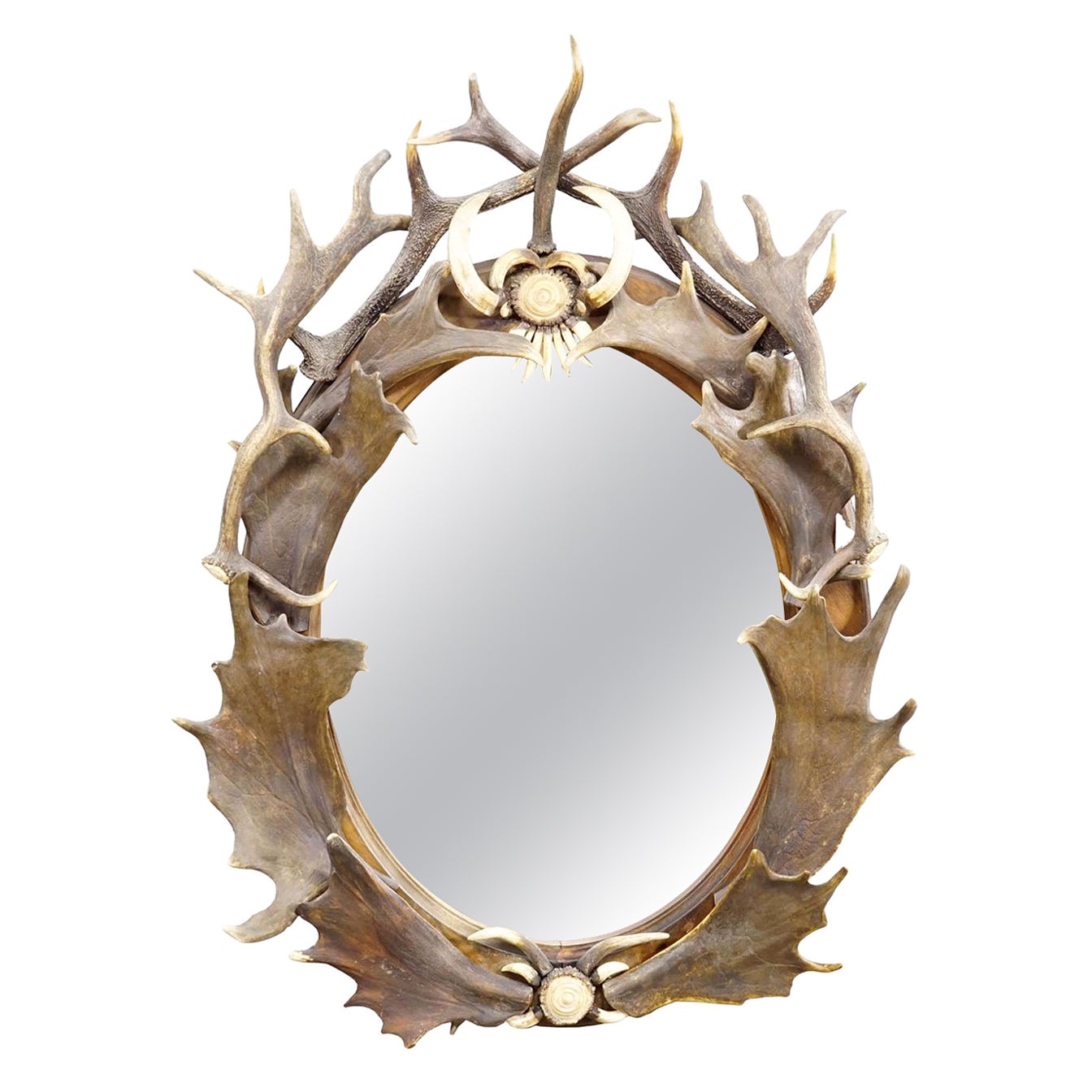 Antique Black Forest Mirror with Antler Arrangement ca. 1920s