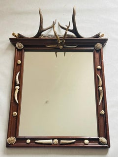Antique Black Forest Mirror with Deer Antlers and Borrows