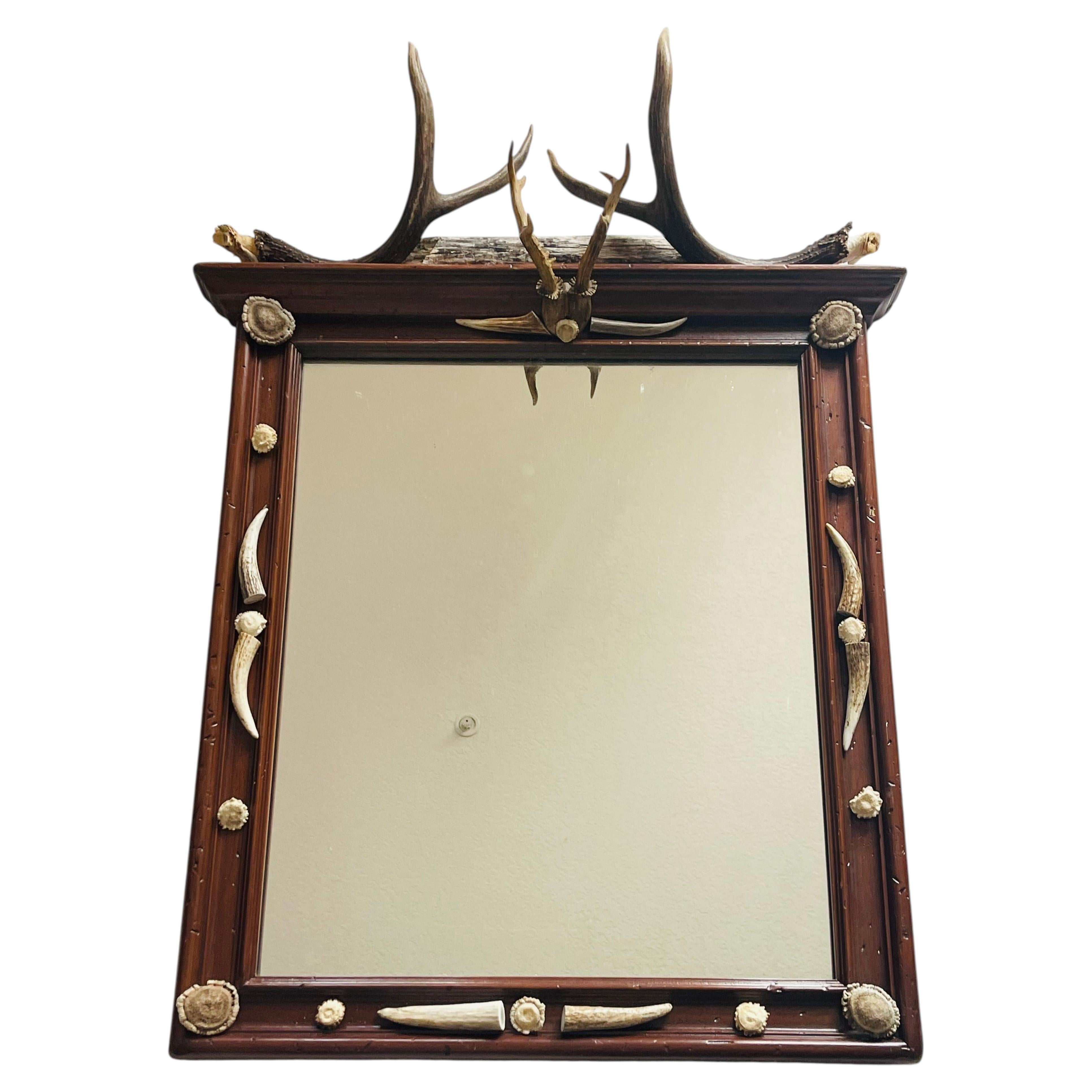 Antique Black Forest Mirror with Deer Antlers and Borrows