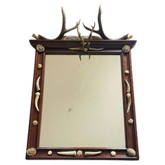 Antique Black Forest Mirror with Deer Antlers and Borrows