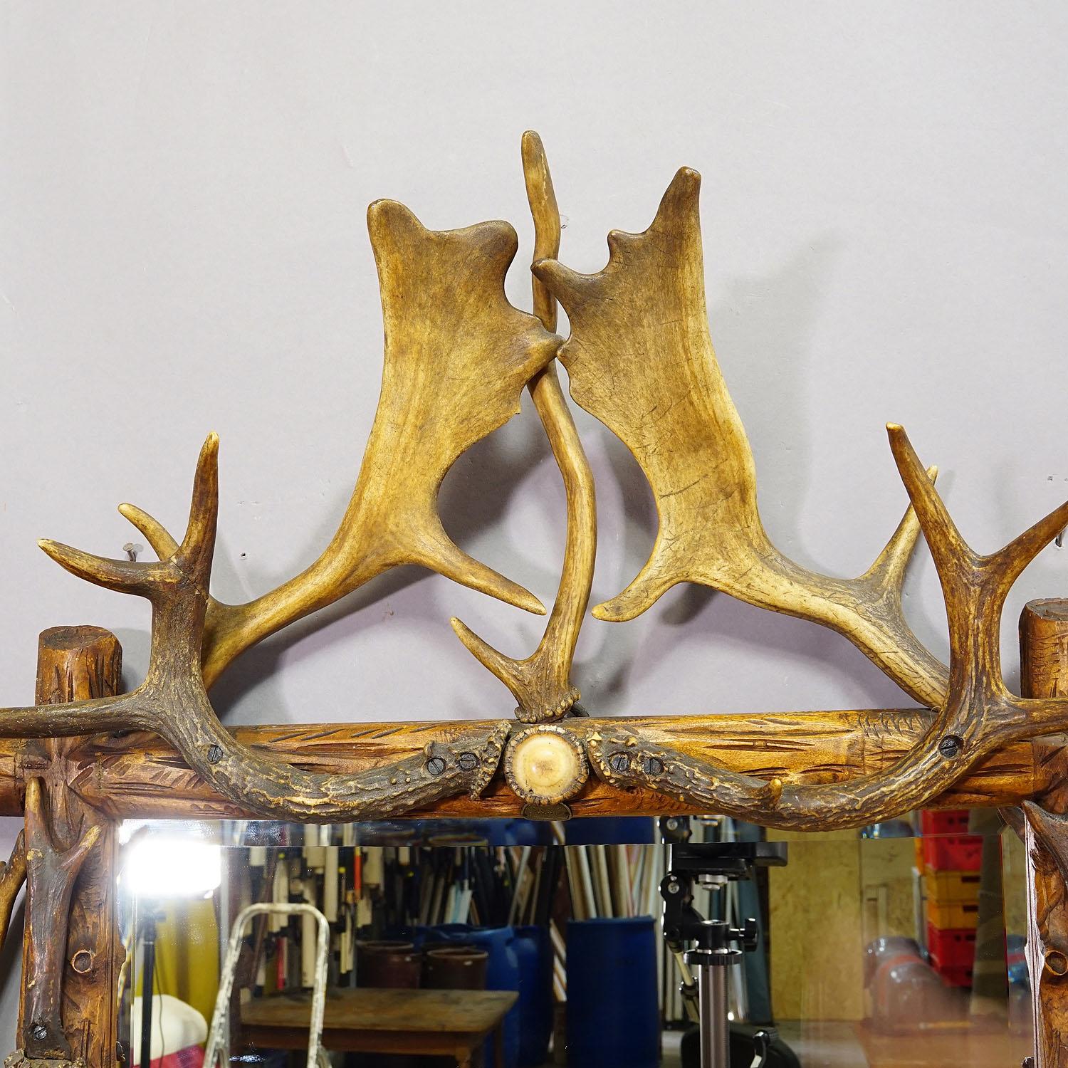 Antique Black Forest Mirror with Rustic Antler Decorations ca. 1900 1