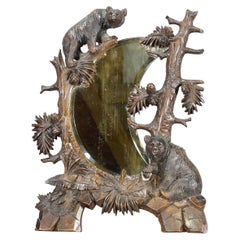 Antique Black Forest Mirror with Rustic Bear Carvings, ca. 1900